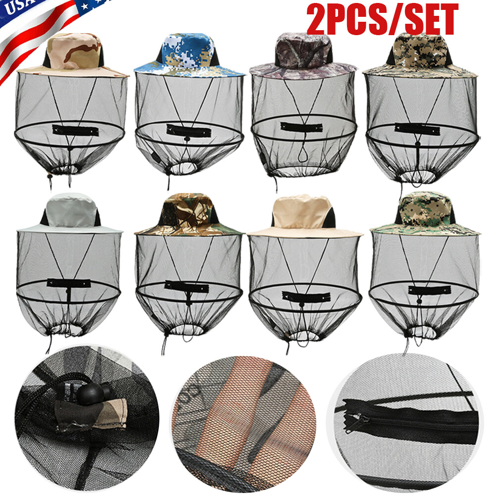 Mosquito Head Net Hat with Hidden Mesh Protect Bugs Bees for Hiking Fishing 2PC