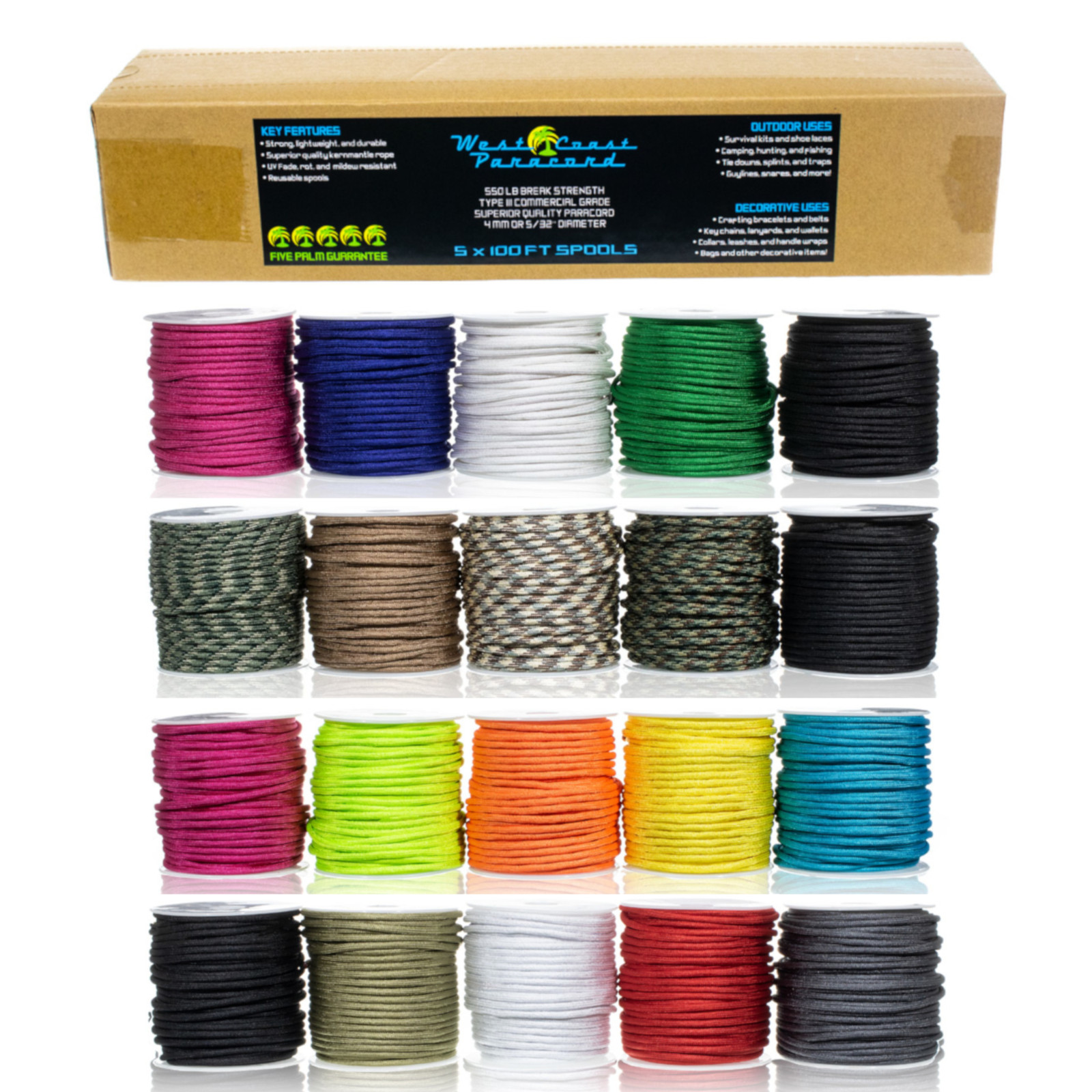 West Coast Paracord 5 Spools of 100 Feet of 550 Polyester Paracord | 550 LB Test
