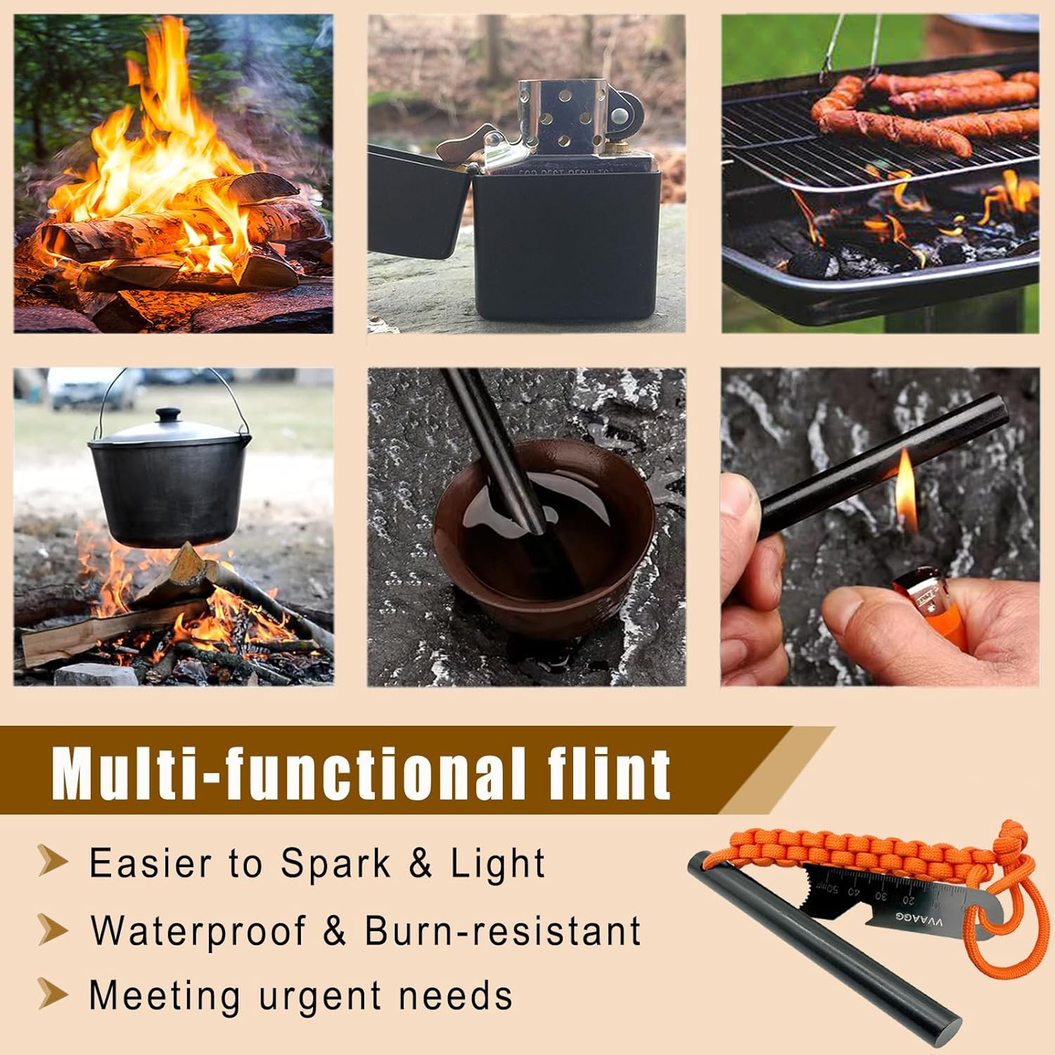 Flint and Steel Fire Starter Kit Survivor, 3/8″ 1/2 Inch Ferro Rods and Magnesiu