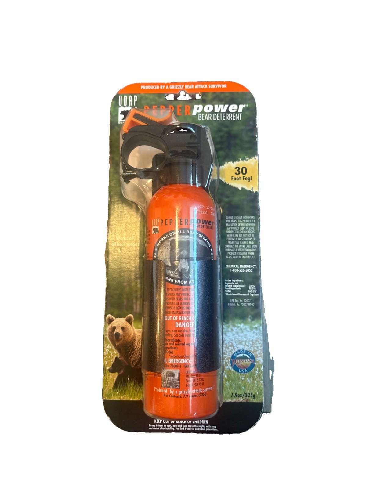 UDAP Pepper Power Bear Spray Repellent w/ NEW Griz Guard Holster 7.9oz 30ft Fog
