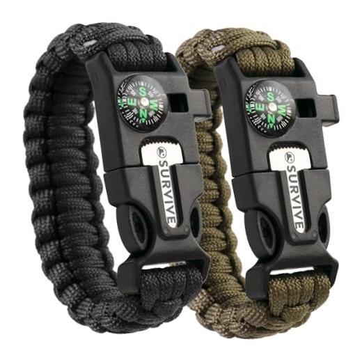 Paracord Bracelet, Pack of 2, Emergency Hiking Medium Black & Army Green