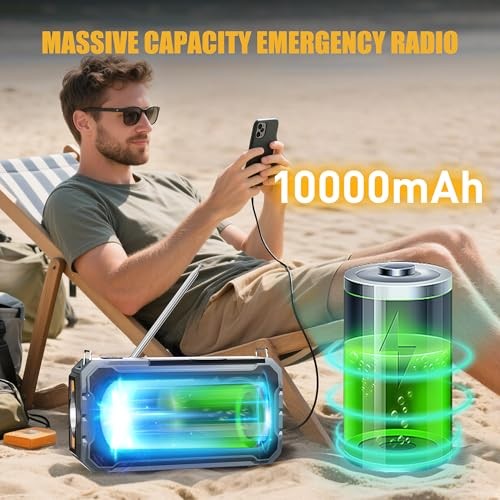 Hand Crank Emergency Radio, 10000mAh Weather Radio with AM/FM/NOAA, Solar Grey