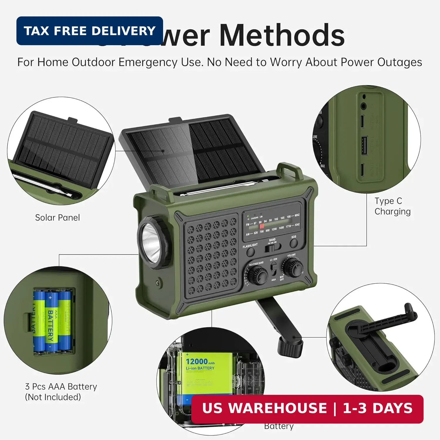 Solar Radio Emergency Hand Crank 12000mAh with Clear Signal, AM FM NOAA Weather