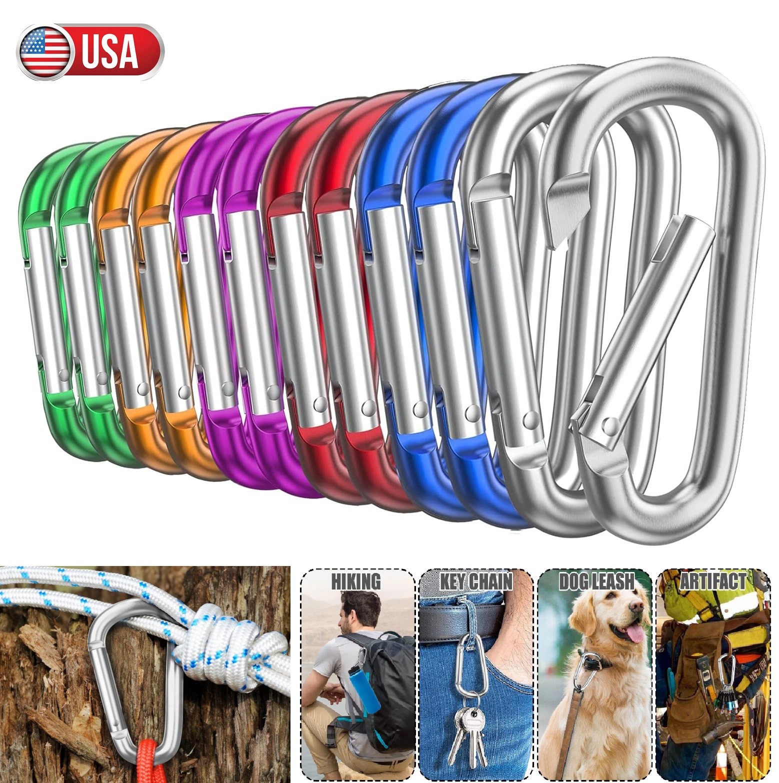 Aluminum Carabiner Clip, Carabeaner D Ring Shape,Spring Snap Key Chain Clip Hook