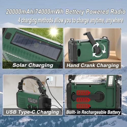 NOAA Weather Radio, 20000mAh/ 74000mWh Hand Crank Radio, Solar Battery Green