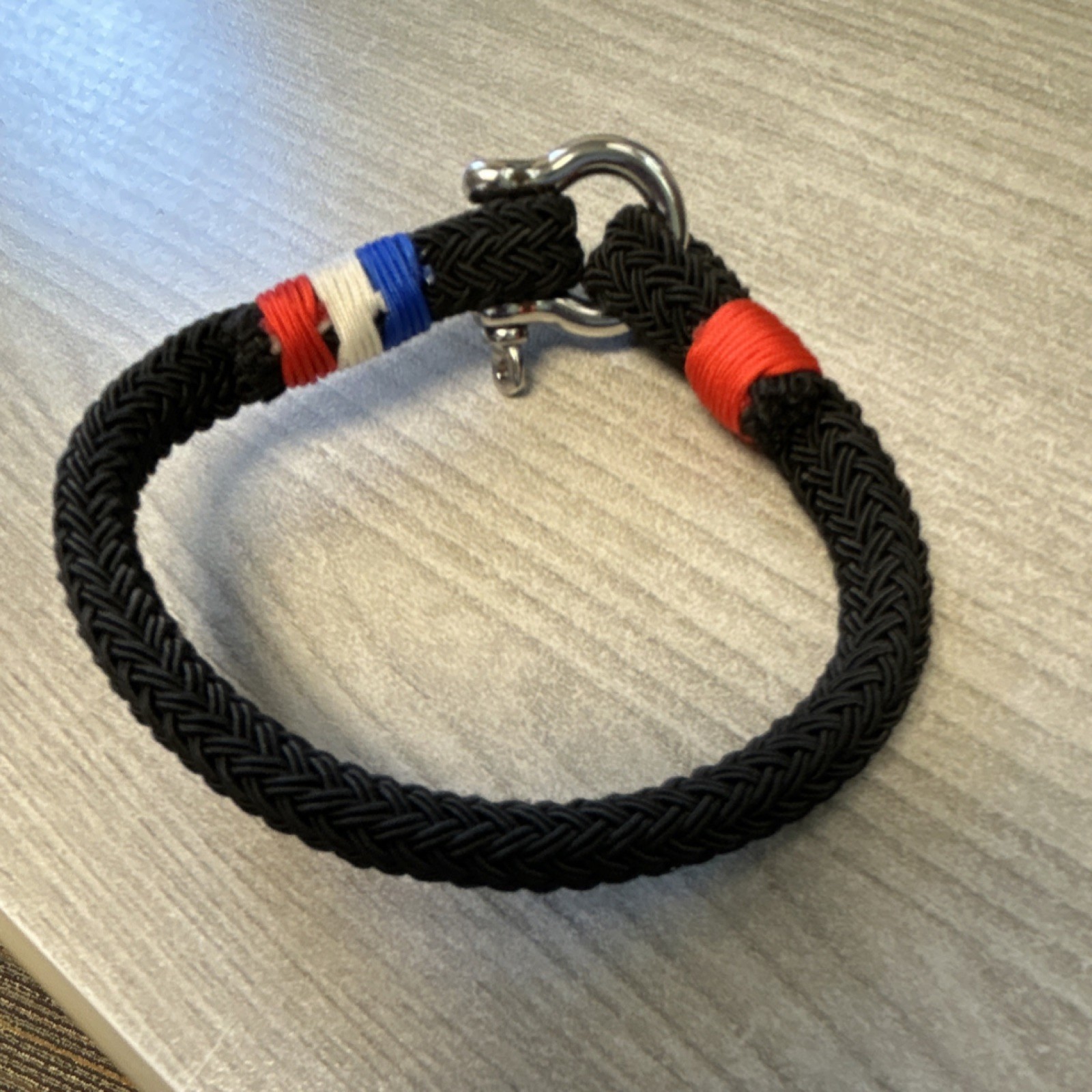 Adjustable Black Nylon Paracord Bracelet Red Blue White Accents