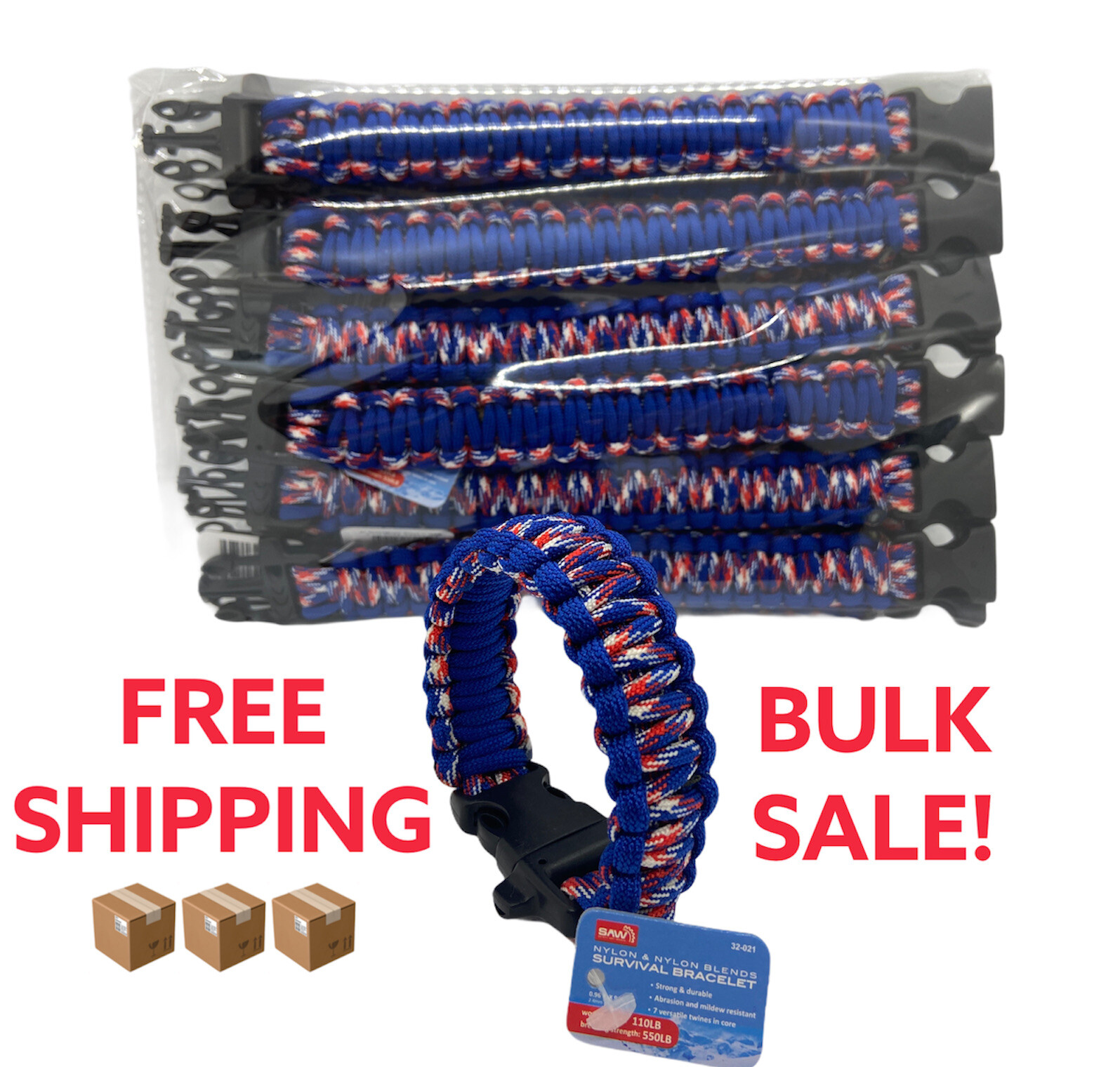 Paracord Cord Bracelet Red White And Blue Cobra 9″ Inch Survival Whistle 16 Pack