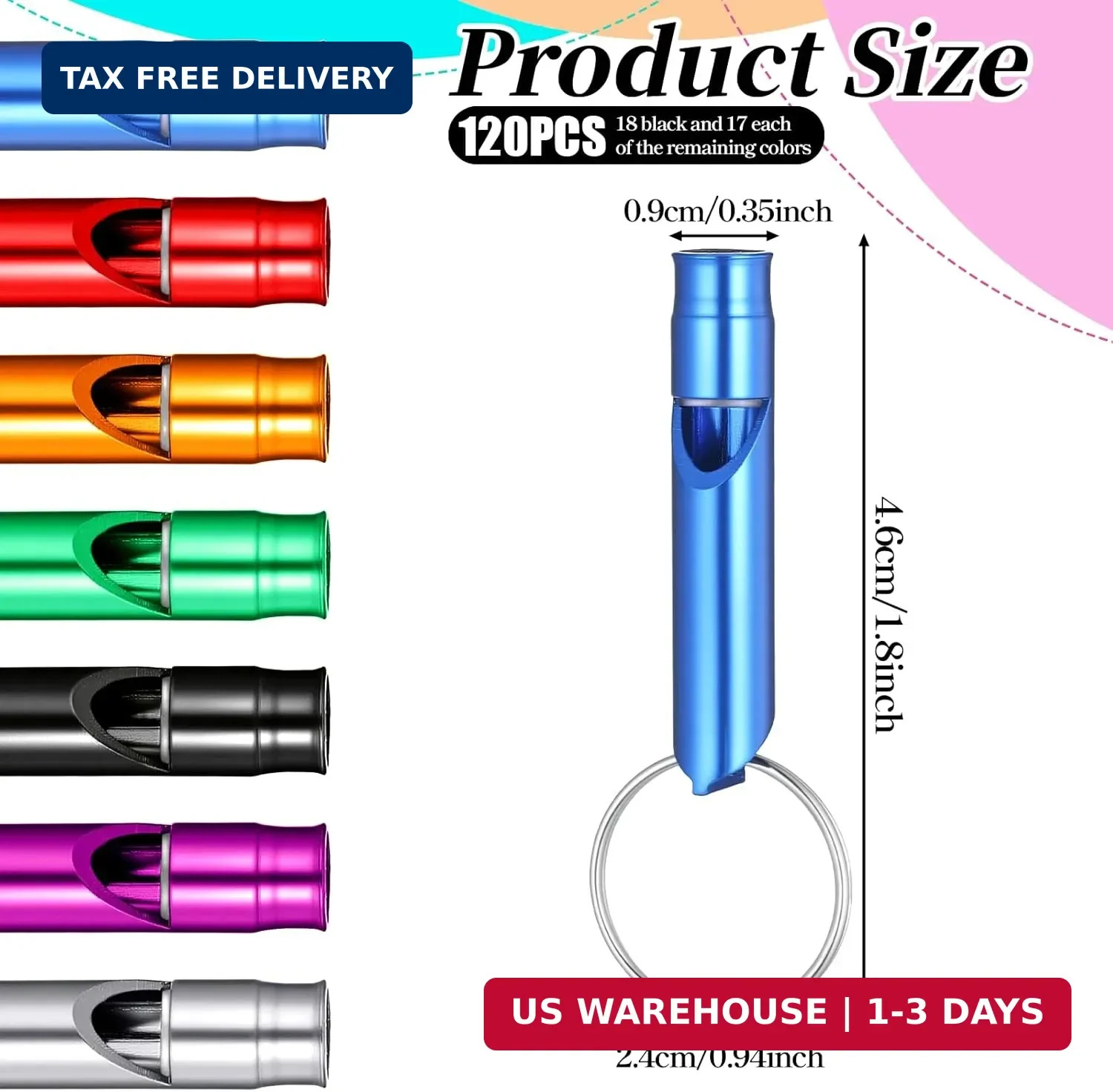 120 Pcs Bulk Emergency Whistles Aluminum Survival Whistle with Keychain 7 Colors