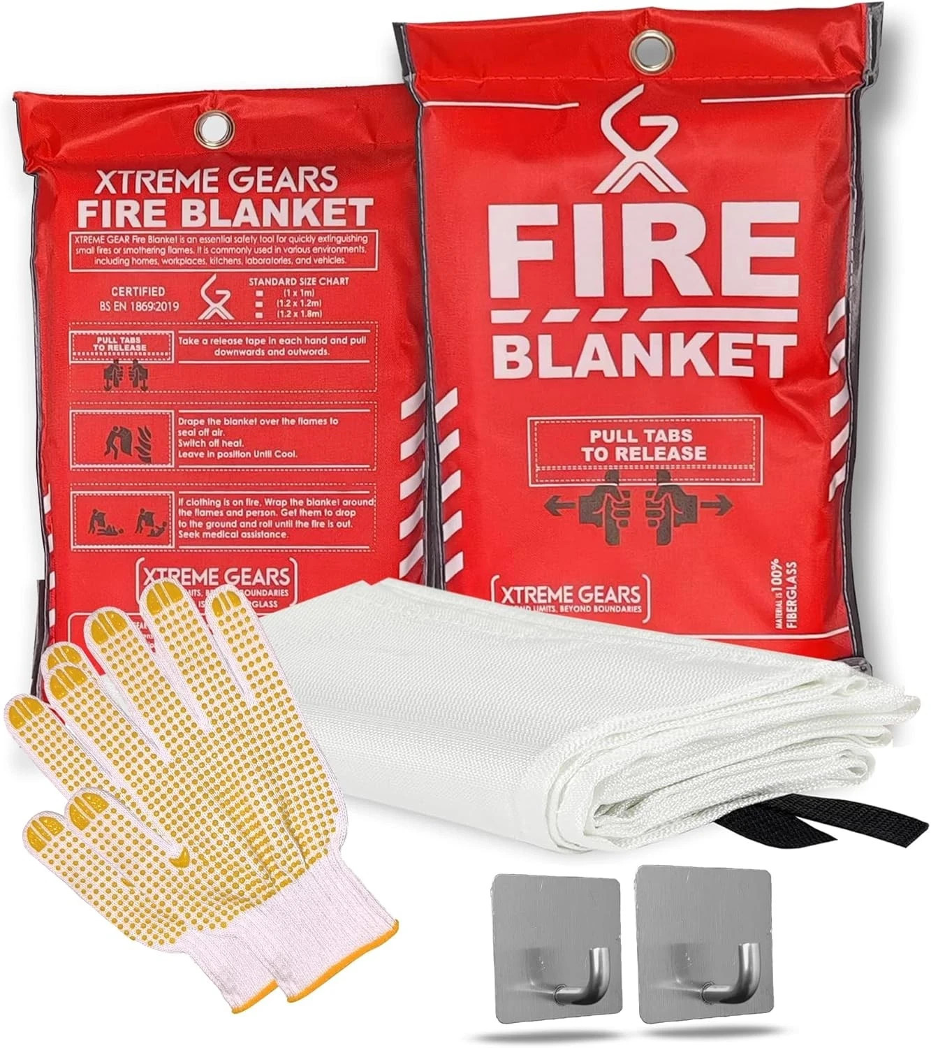 Emergency Fire Blanket 2 Pack 40” x 40”, with Gloves and Hook Single, White