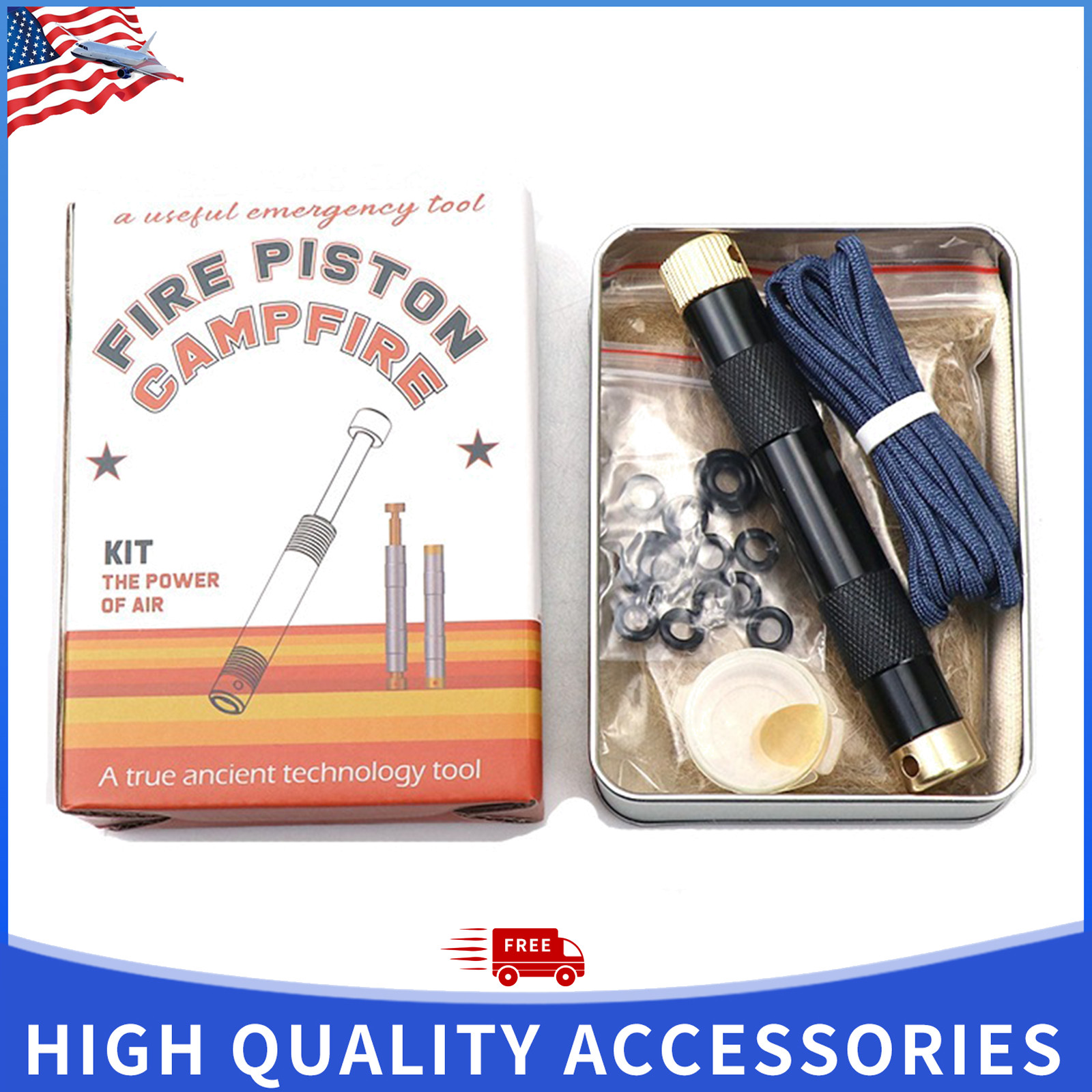 Black Fire Piston Fire Starter Kit Metal Compression Tube Camping Gear