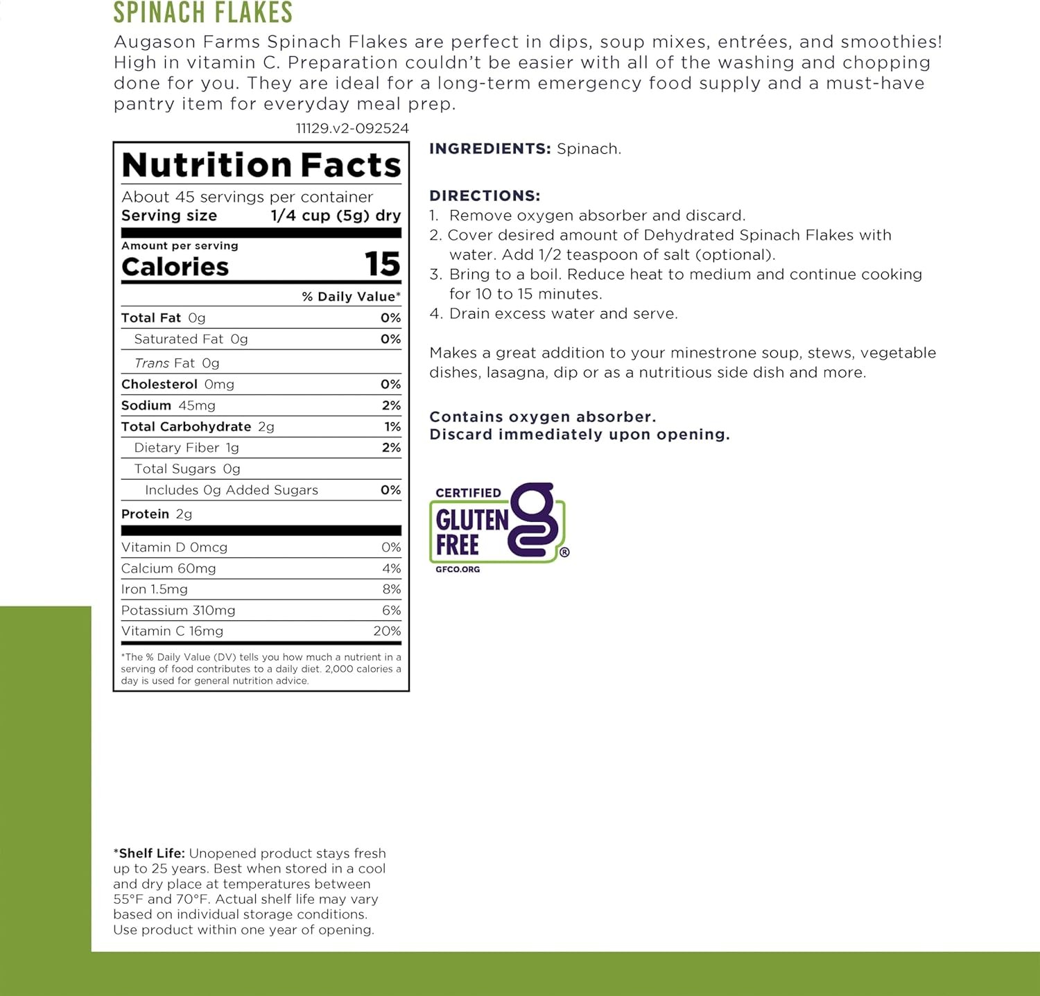 Augason Farms Dehydrated Spinach Flakes Can, Emergency Food Supply, 8 Oz