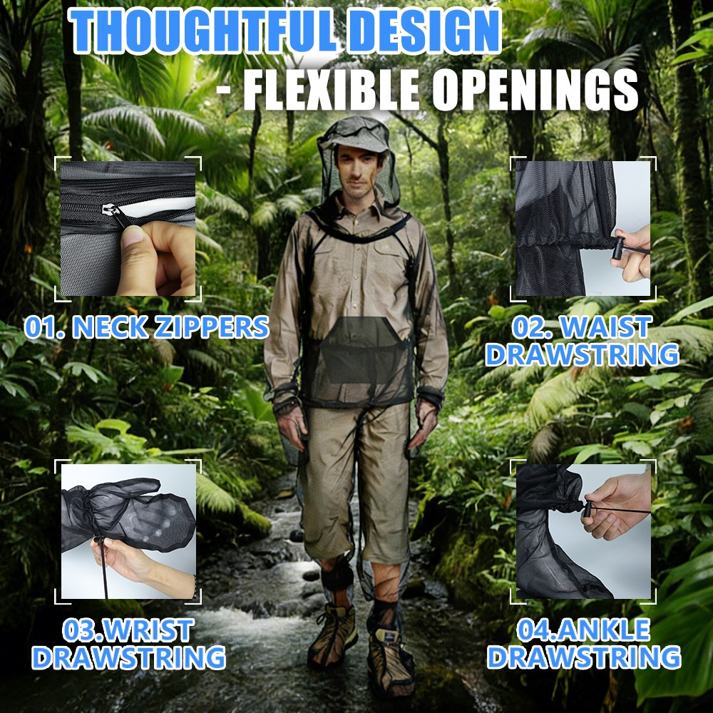 Anti-Mosquito Bug Mesh Netting Suit Breathable Jacket + Pants + Gloves + Socks
