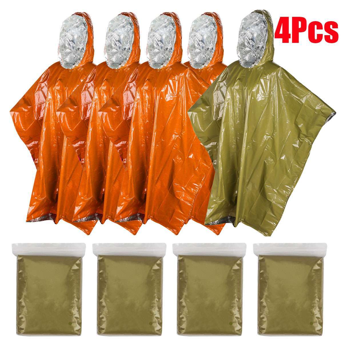 4pack Reusable Waterproof Windproof Emergency Survival Rain Poncho Camping