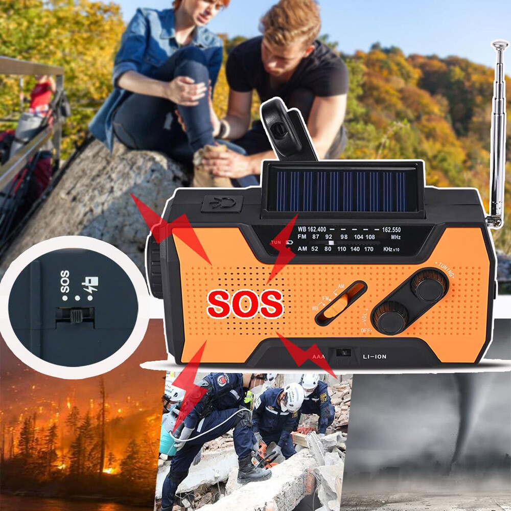 Emergency Solar Hand Crank Weather Radio 2000mAh Power Bank Charger Flash Light