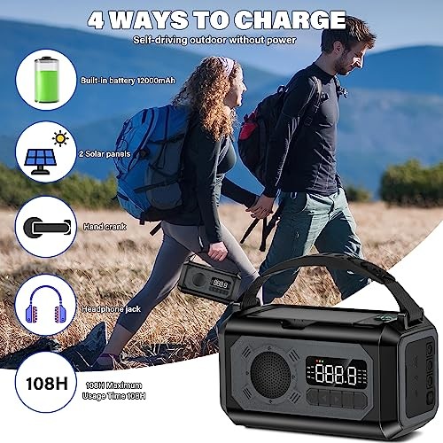 12000mAh Emergency Weather Radio, Hand Crank Solar Radio Portable Gray
