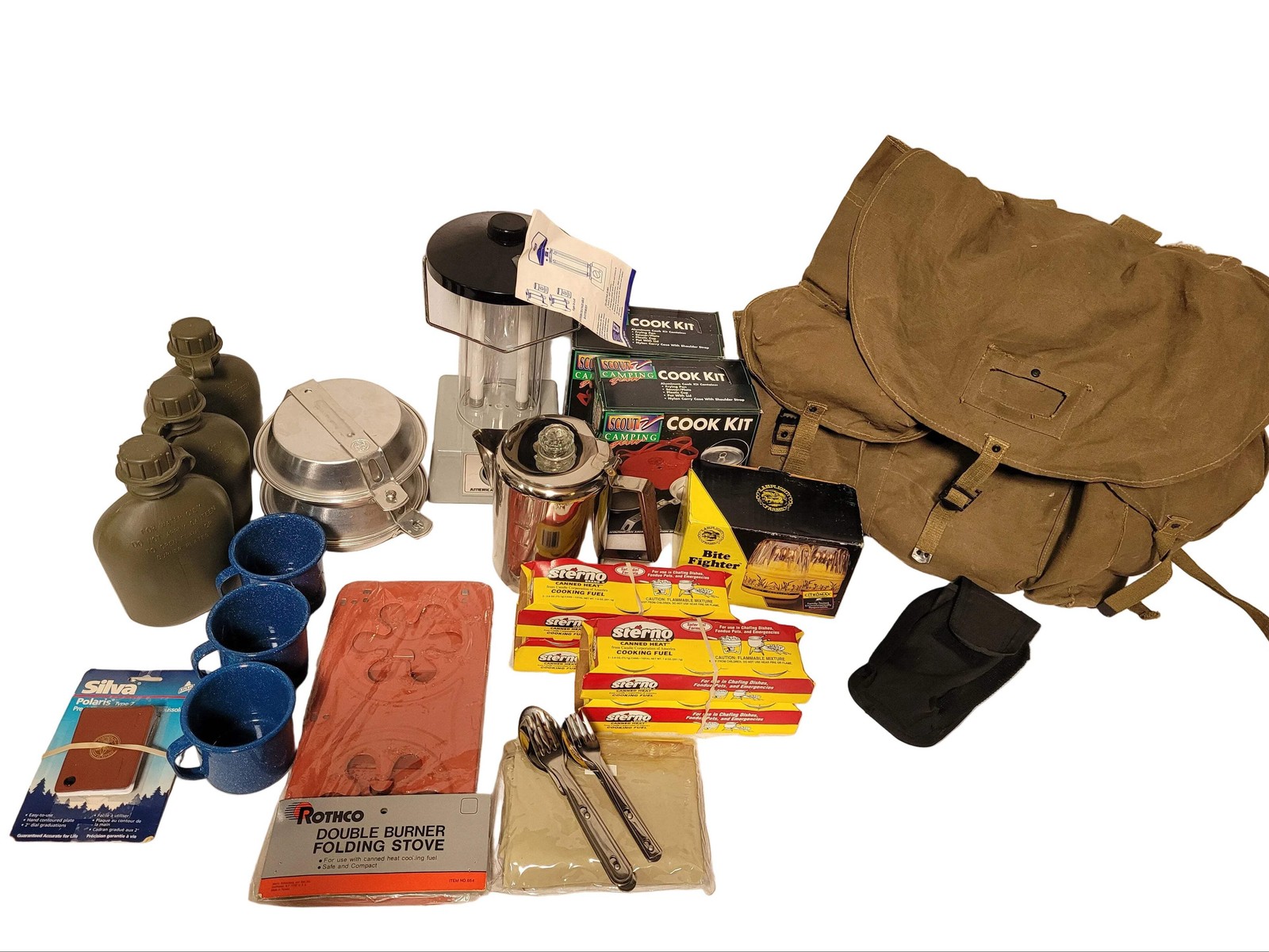 Vintage 24 Piece Camping Gear Bundle with Military Backpack
