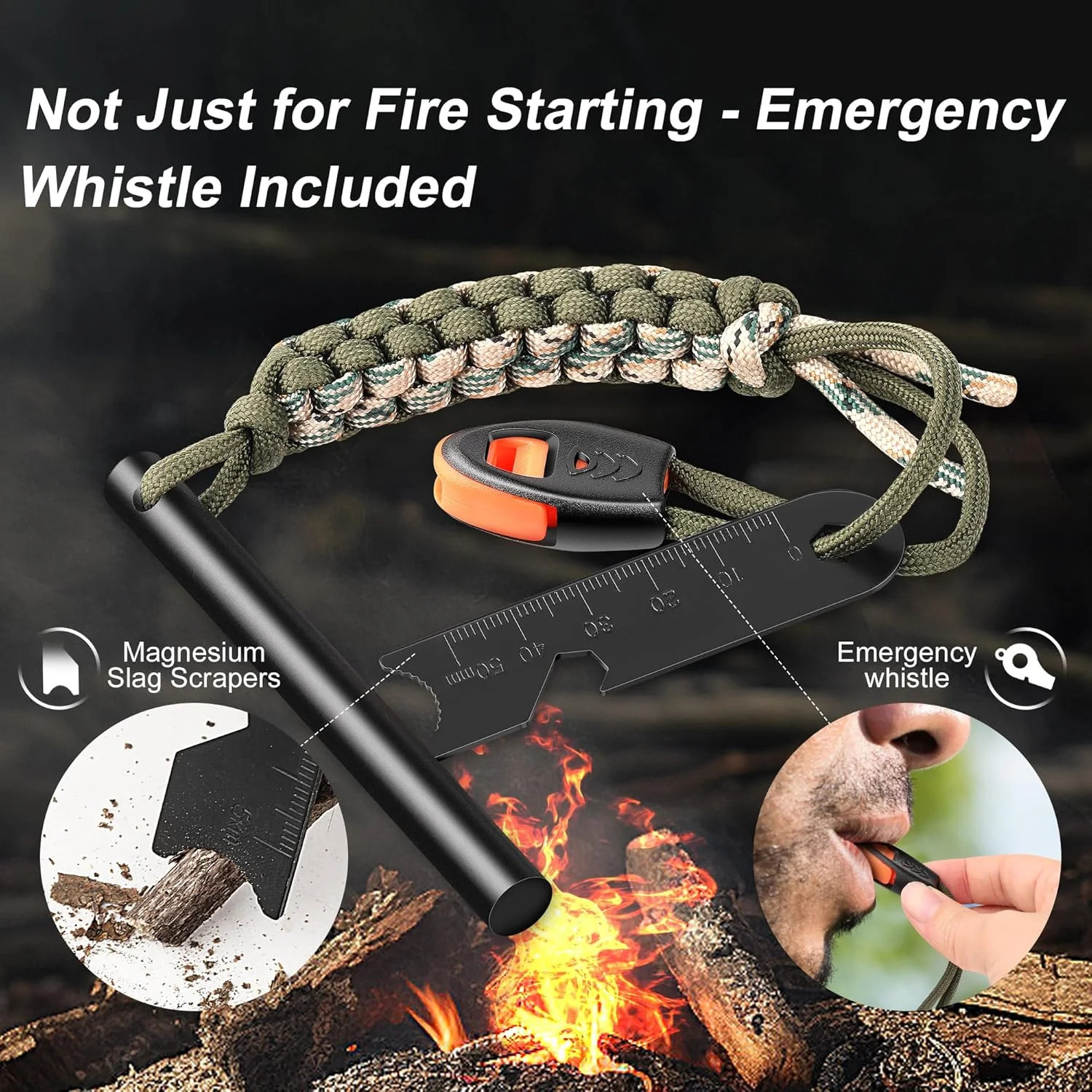 Survival Fire Starter Kit – 4″ Ferro Rod Flint Tool w/ Striker & Cord
