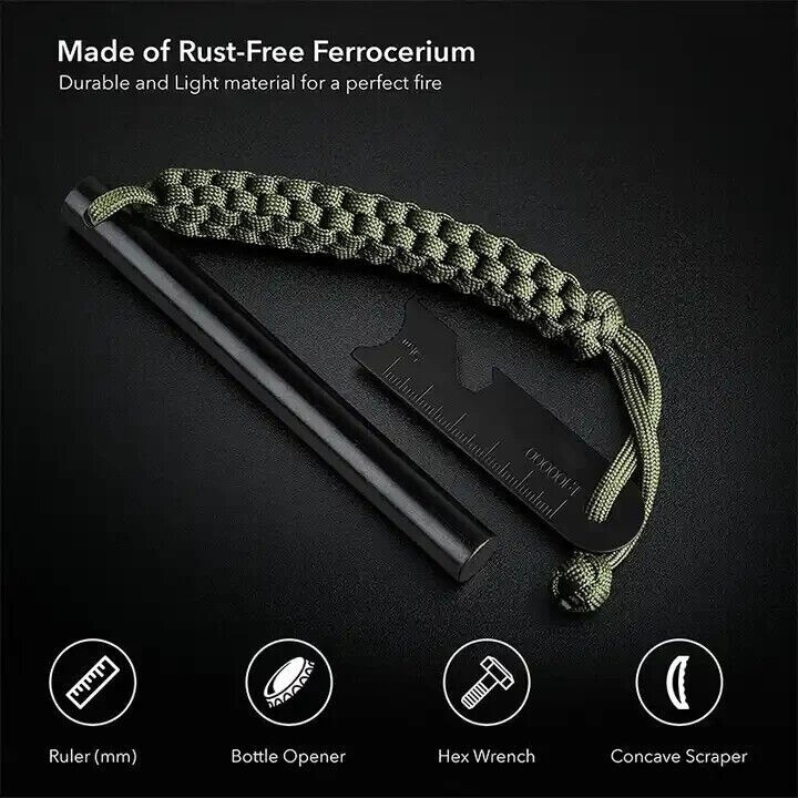 HUGE 5 x 1/2″ FERRO ROD Fire Starter Survival Striker Flint + Emergency Paracord