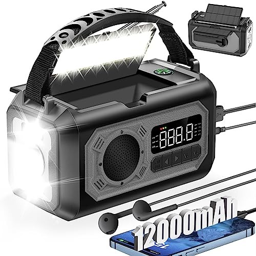 12000mAh Emergency Weather Radio, Hand Crank Solar Radio Portable Gray