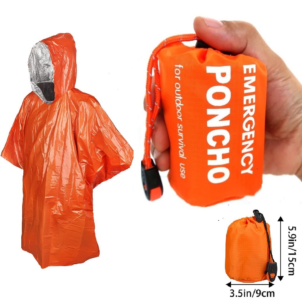 1-20 Emergency Survival Raincoat Reusable Mylar Thermal Blanket Poncho Whistle