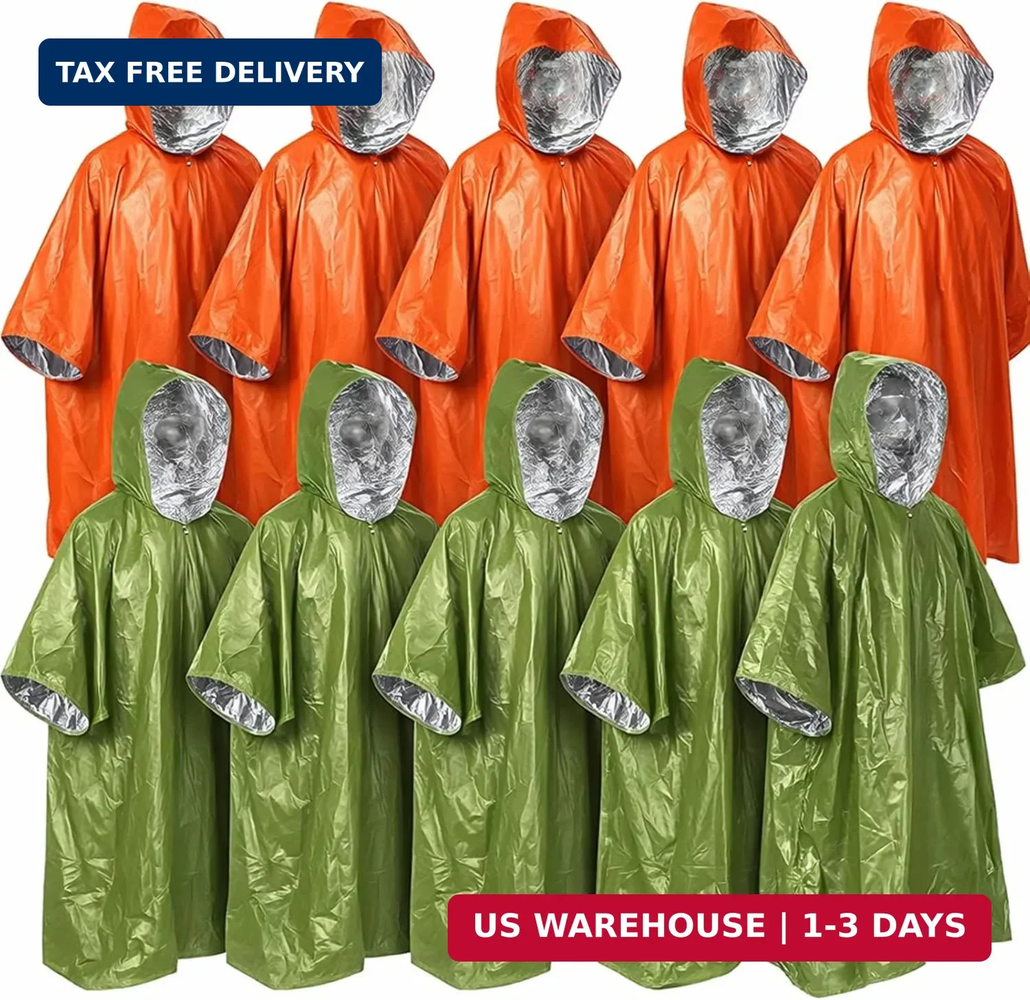10 Pack Emergency Ponchos with Polyester Film Blanket Liner Waterproof Windproof