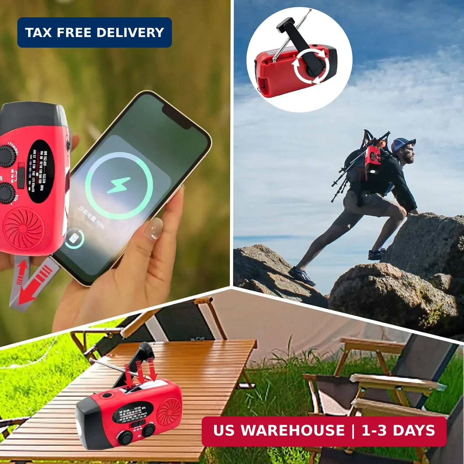 Portable 2000mAh Hand Crank Emergency Solar Panel SOS Weather Radio, Self-Powere