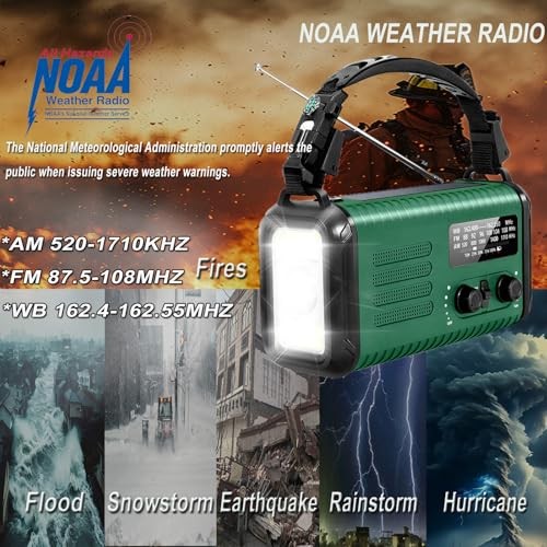 NOAA Weather Radio, 20000mAh/ 74000mWh Hand Crank Radio, Solar Battery Green