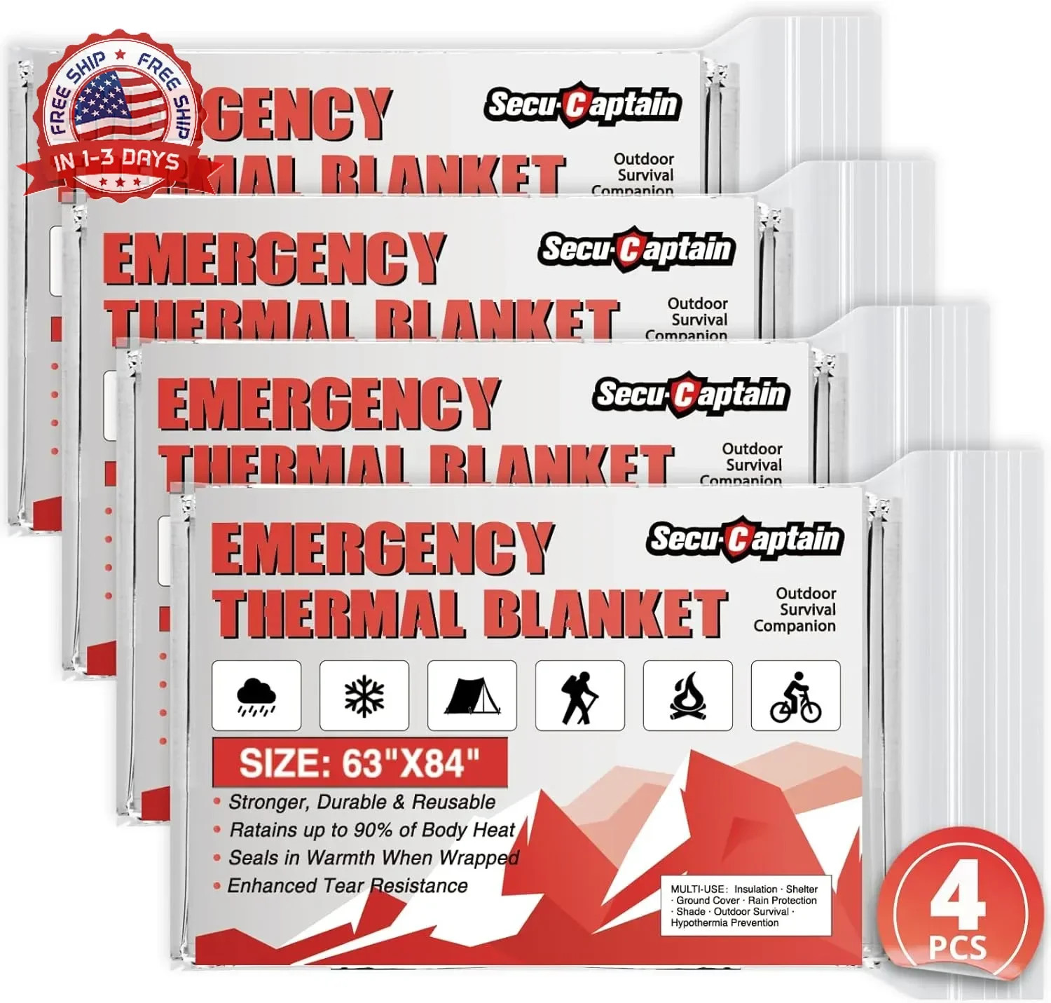 SecuCaptain Survival Emergency Thermal Blankets: Extra Large 84″ x63″ 4/10/25/30