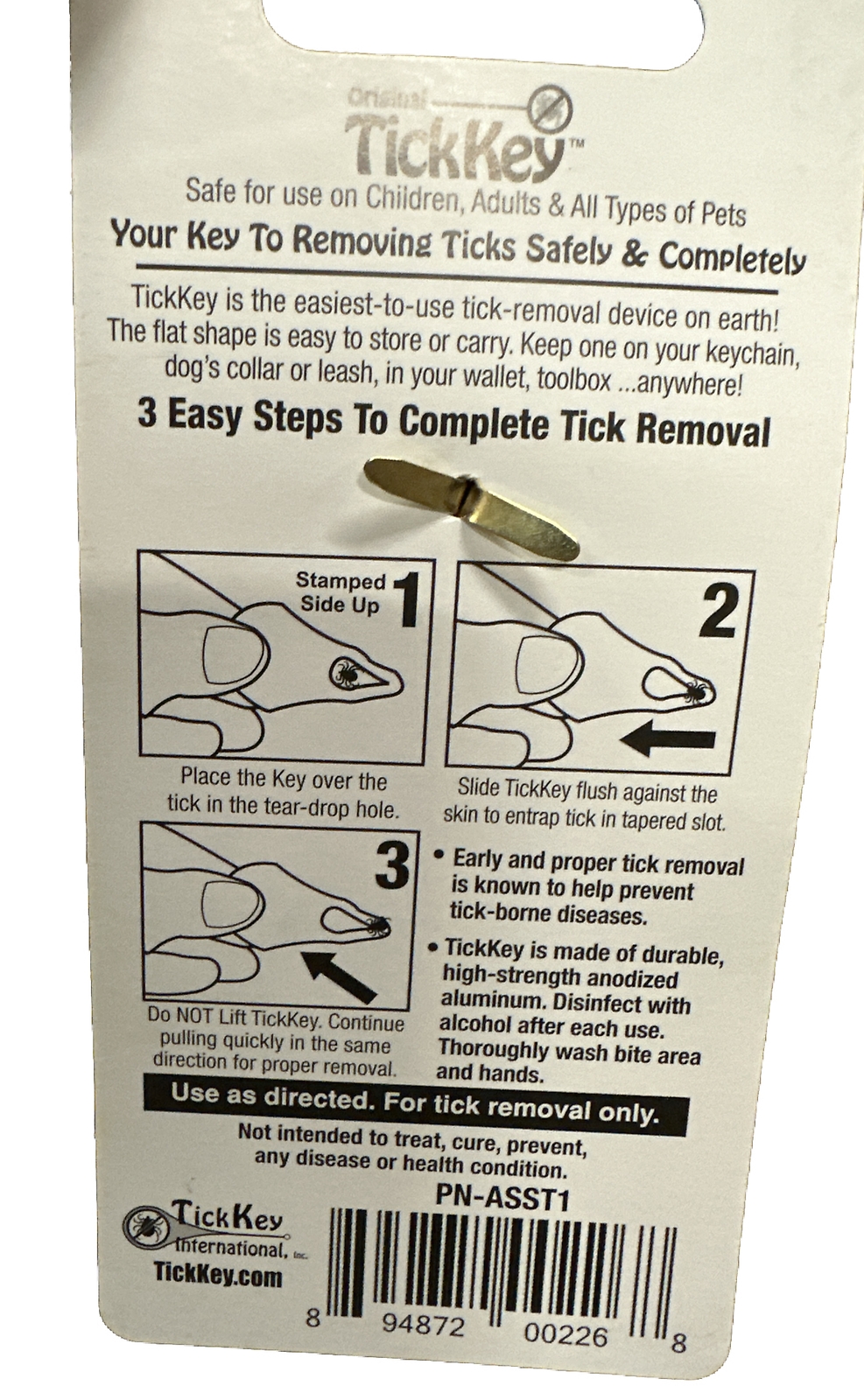 (1) Original TICK KEY Tick Removal Device For Kids Adults Pets USA Made Aluminum