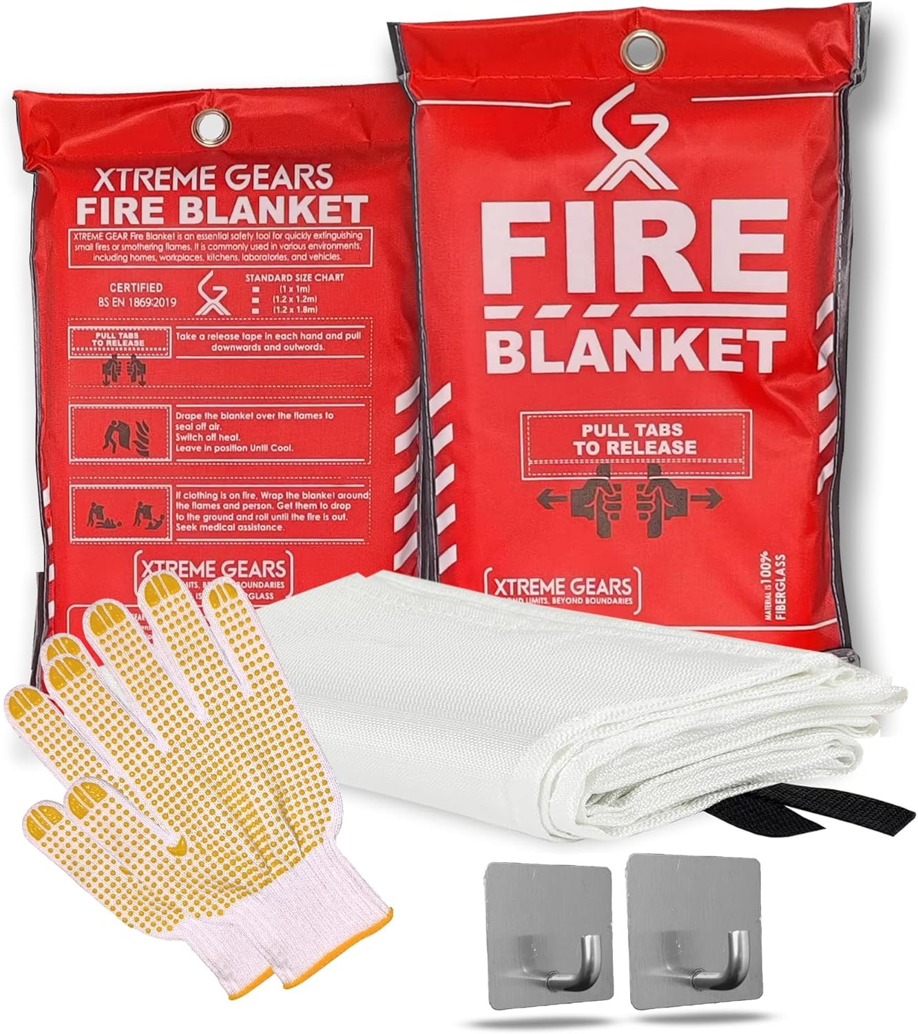 Emergency Fire Blanket 2 Pack 40” x 40”, with Gloves and Hook Single, White