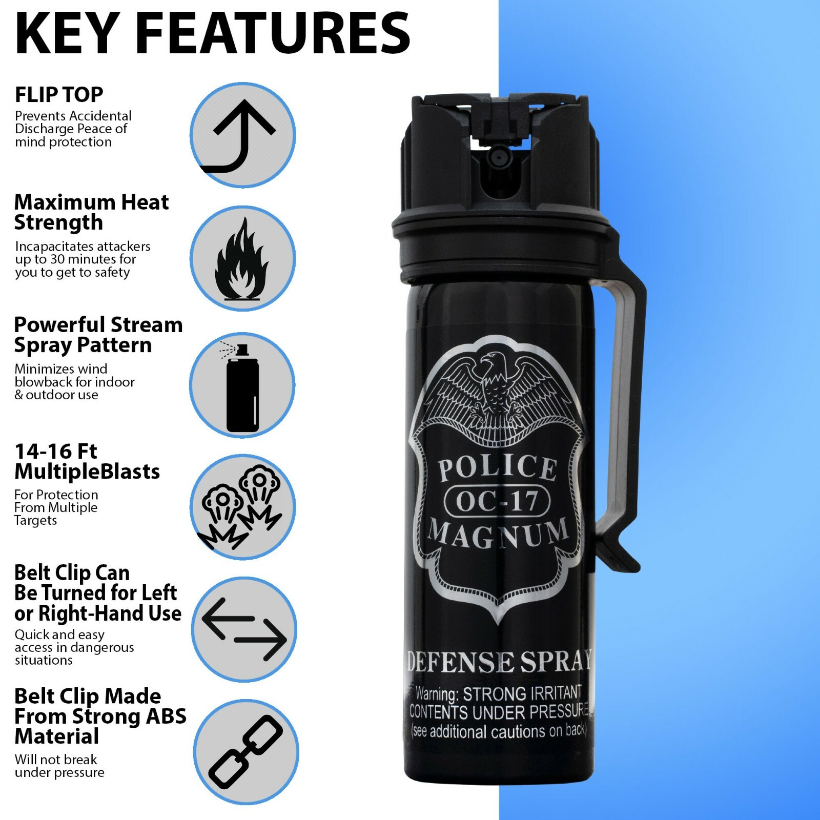 4 POLICE MAGNUM Pepper Spray Self Defense 3oz Flip Top Stream Belt Clip Security
