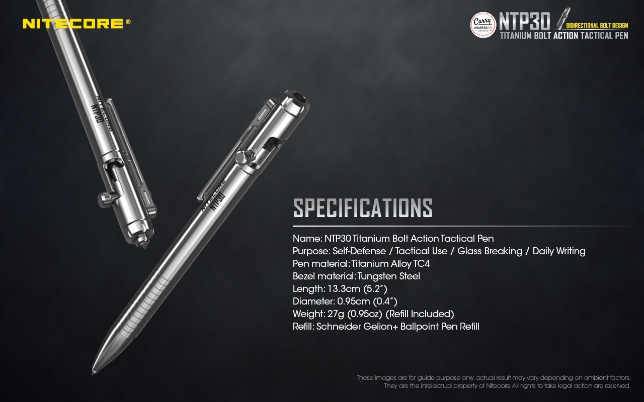 NITECORE NTP30 Tactical Pen Titanium Bidirectional Bolt Action W/ Glass Breaker