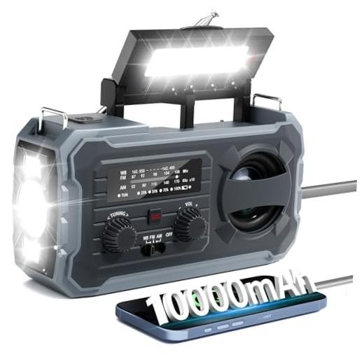 Hand Crank Emergency Radio 10000mAh Weather Radio with AM/FM/NOAA – Solar Grey