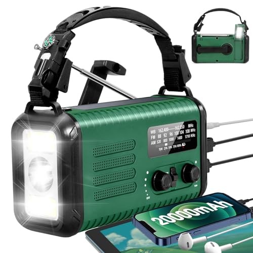 NOAA Weather Radio, 20000mAh/ 74000mWh Hand Crank Radio, Solar Battery Green