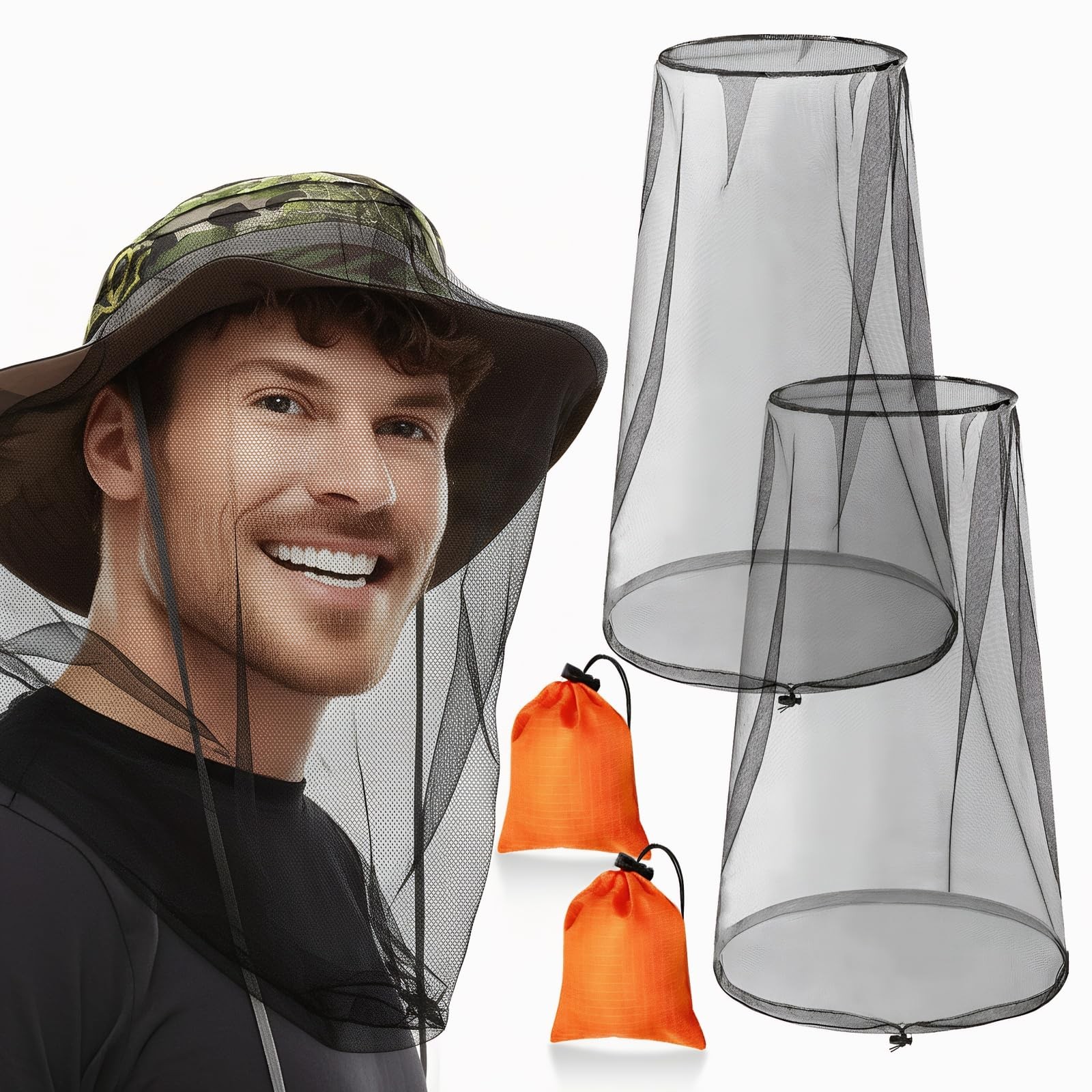 2 Pack Mosquito Head Nets with Drawstring Universal Fit for Hats Bug Net