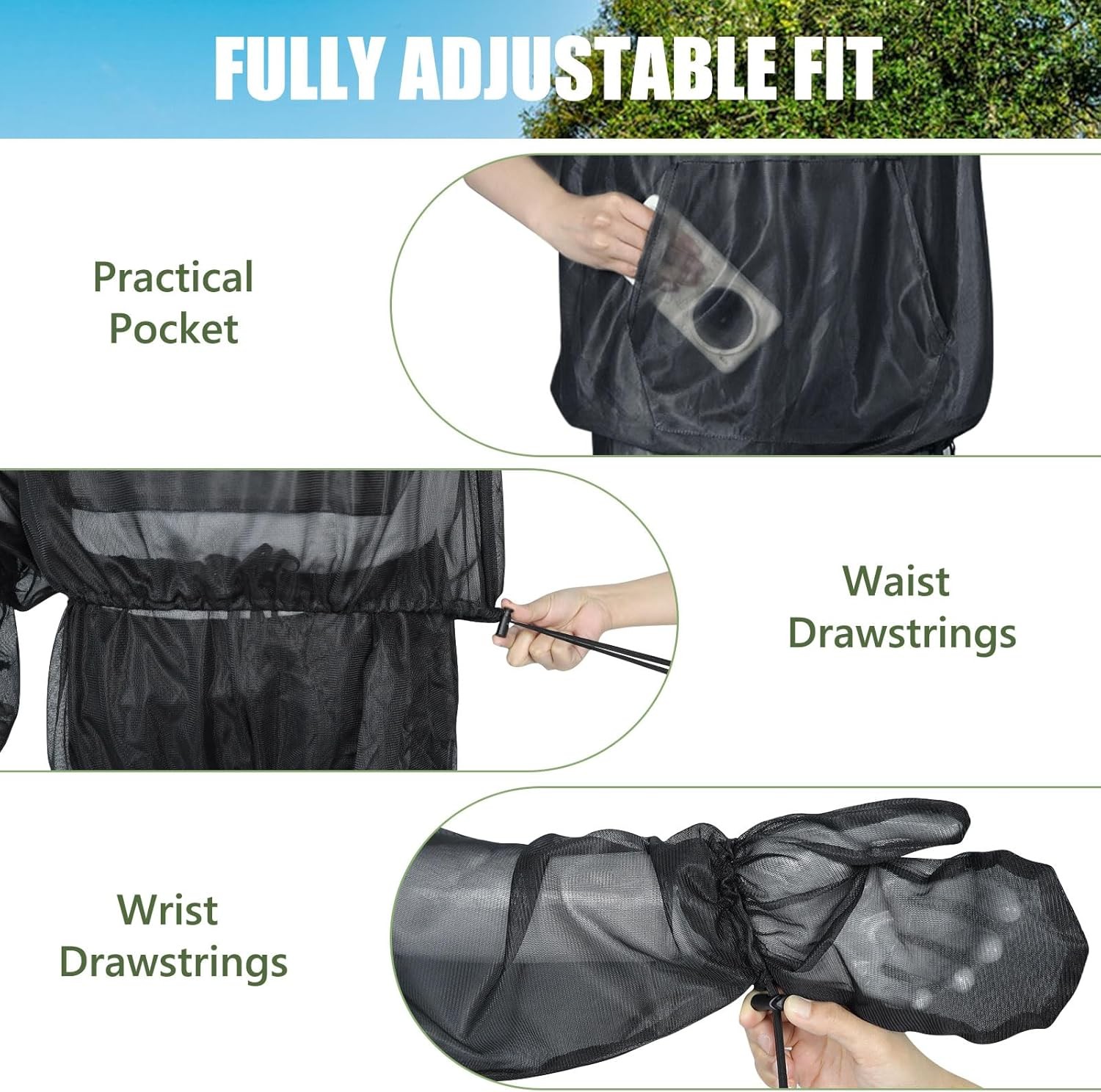 Unisex Outdoor Mosquito Jacket with Hood & Mitts Lightweight Bug-Proof Mesh Net