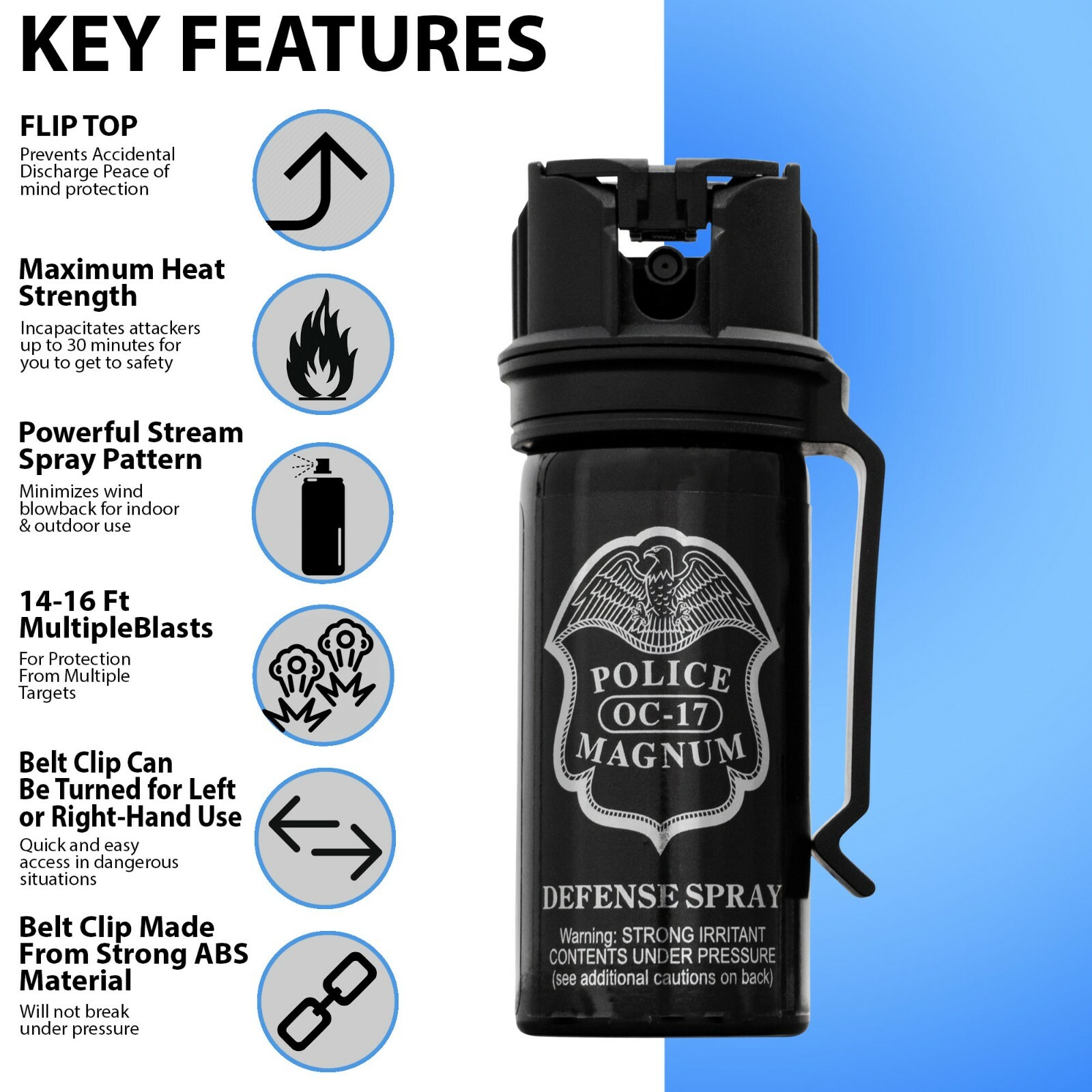 POLICE MAGNUM pepper spray 2oz Stream Flip Top Belt Clip Personal Self Defense