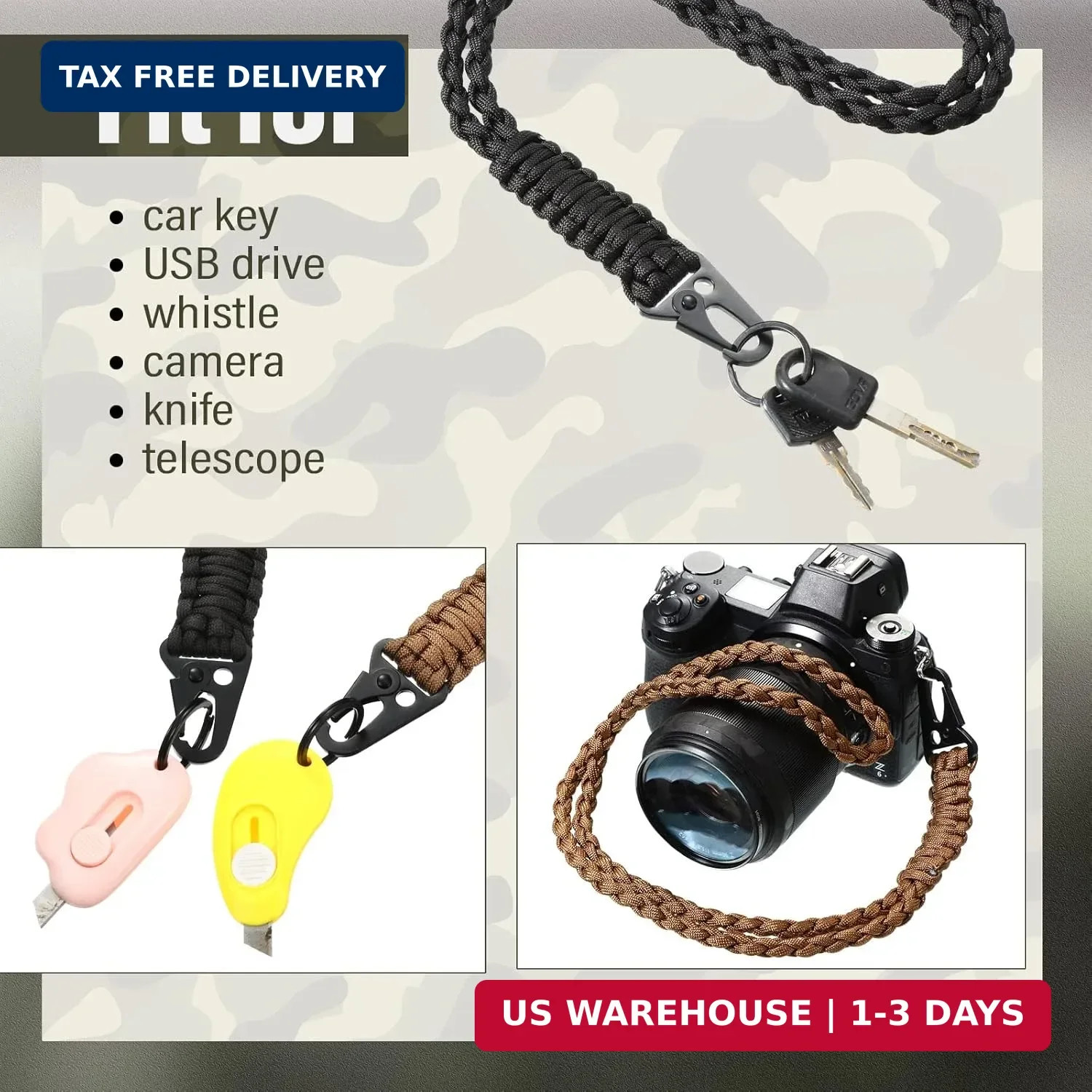 Shappy 3 Pieces Heavy Duty Paracord Lanyard Keychains Braided 550 Lanyard Keycha