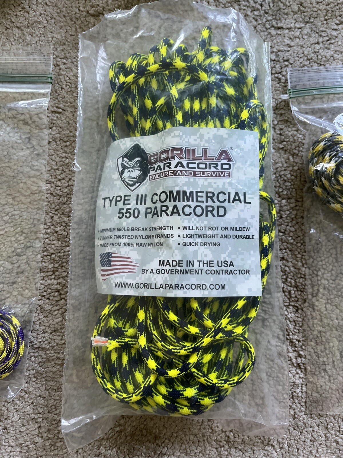 LOT OF 7 YELLOW 550 7 Strand Paracord WHITE BLUE BLACK GRAY PURPLE GREEN USA