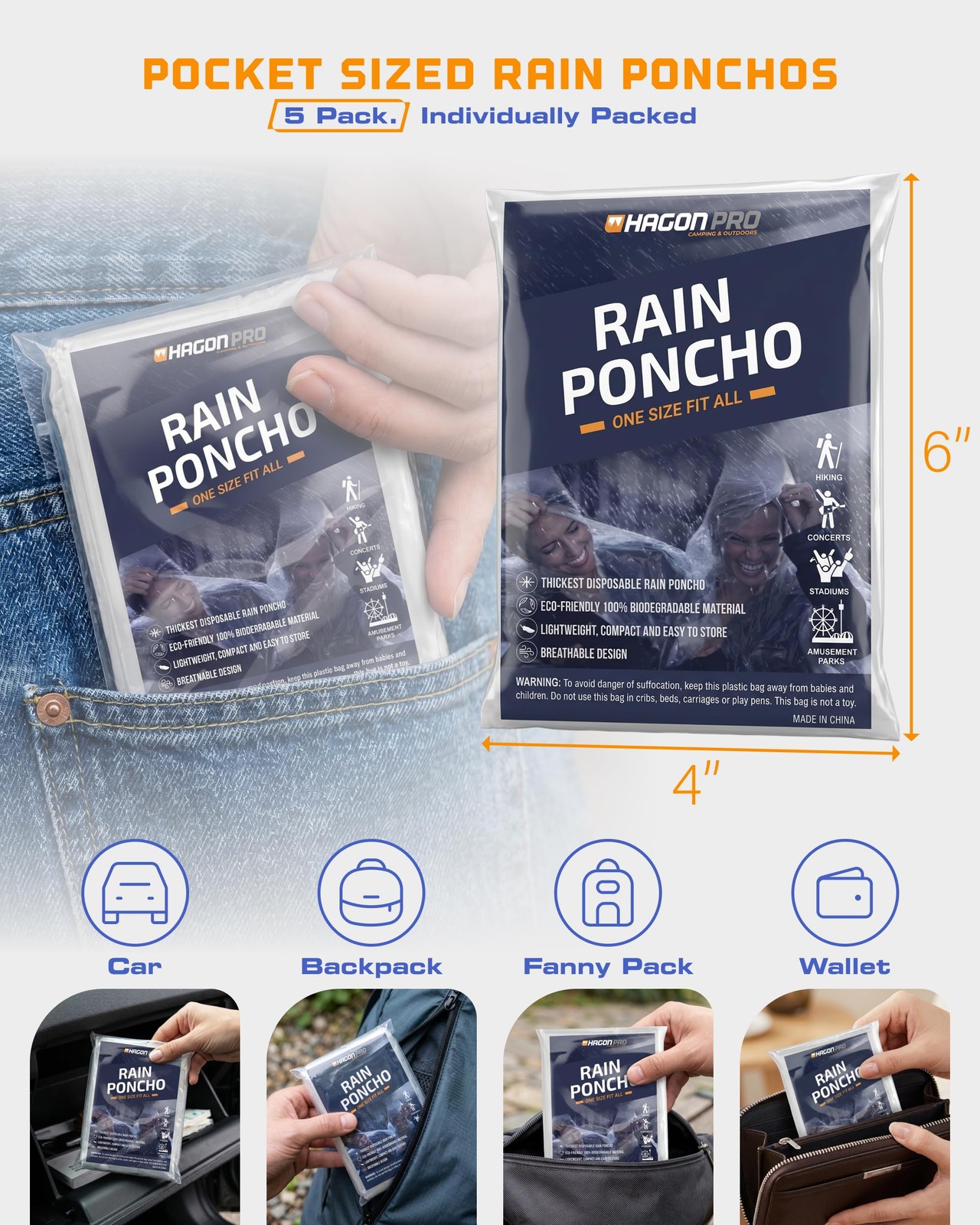 Disposable Rain Ponchos for Adults Emergency Waterproof 5 Pack