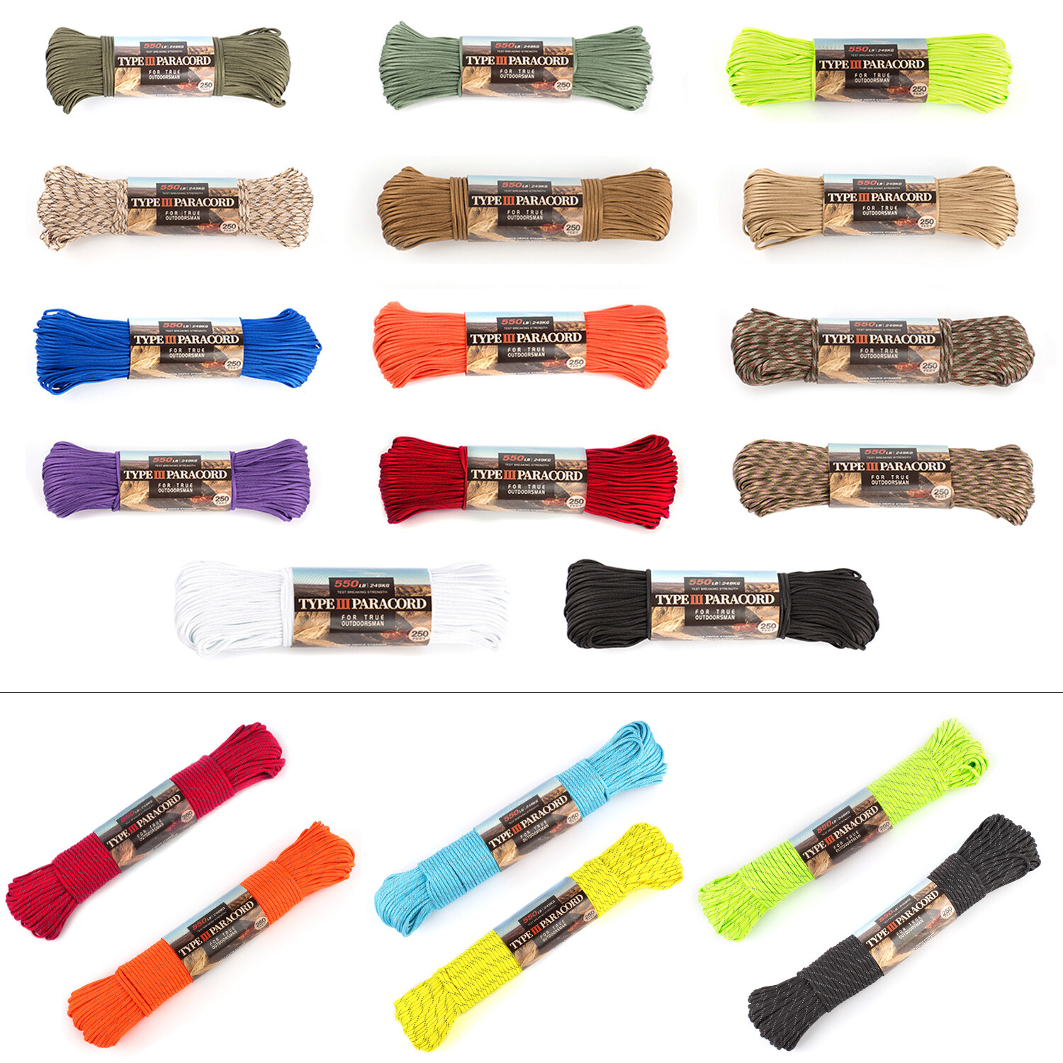 HERCULES 250ft Type III Paracord 550 Paracord lot Rope Parachute Cord Reflective