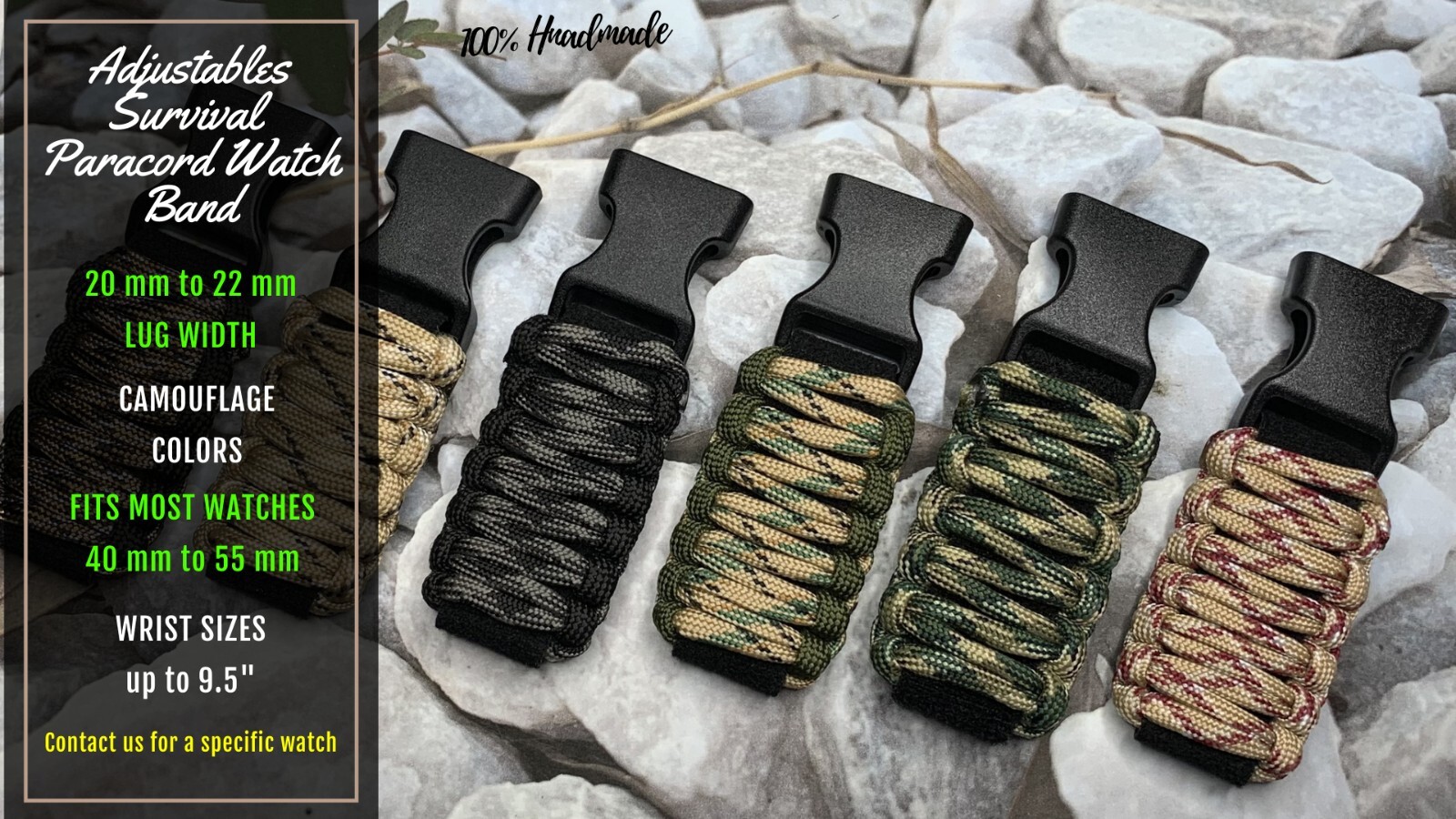20 22mm Customized Camouflage Colors Adjustable Survival Paracord Watch Band