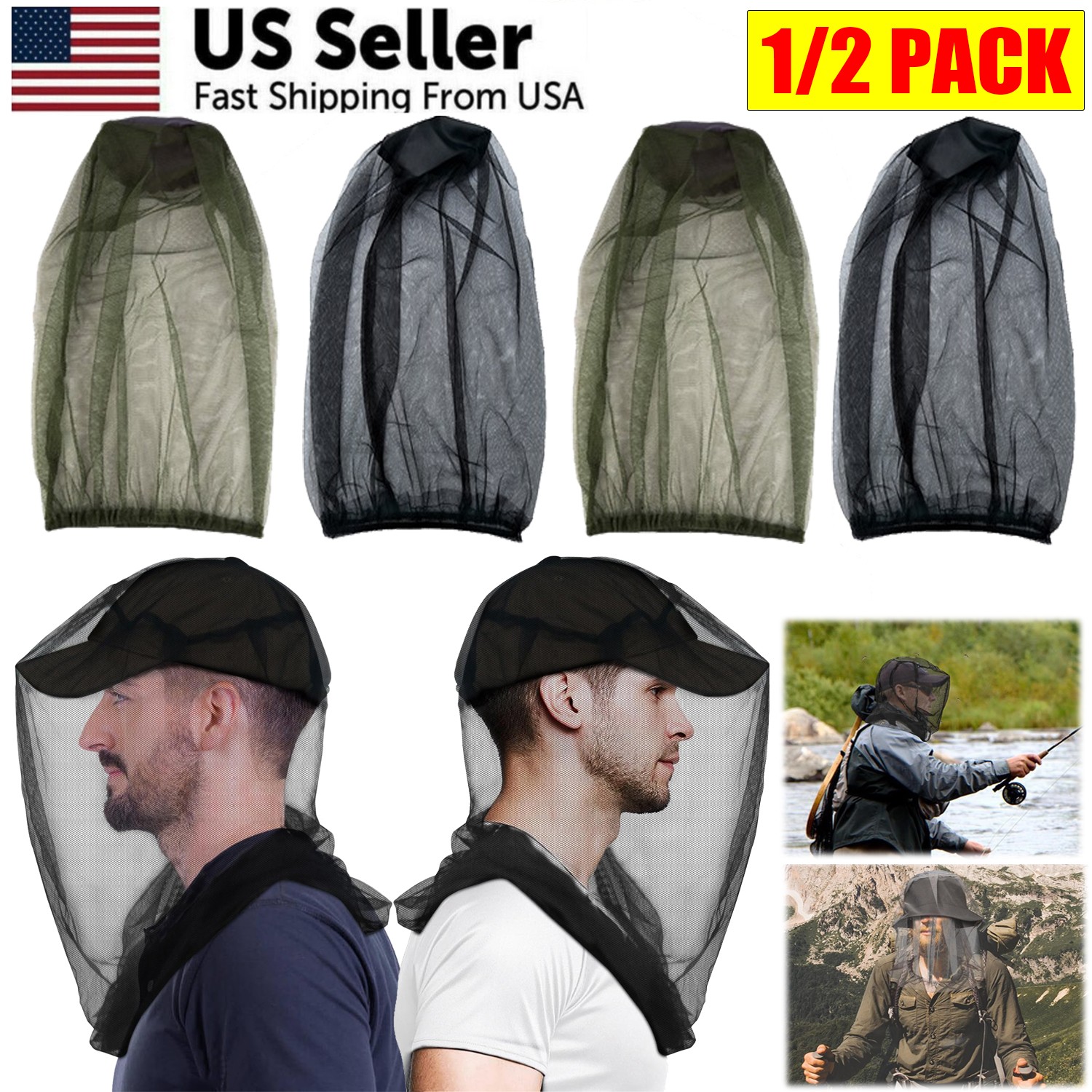 2x Premium Mosquito Head Net for Insect,Fly & Bug Protection, Ultra Large & Long