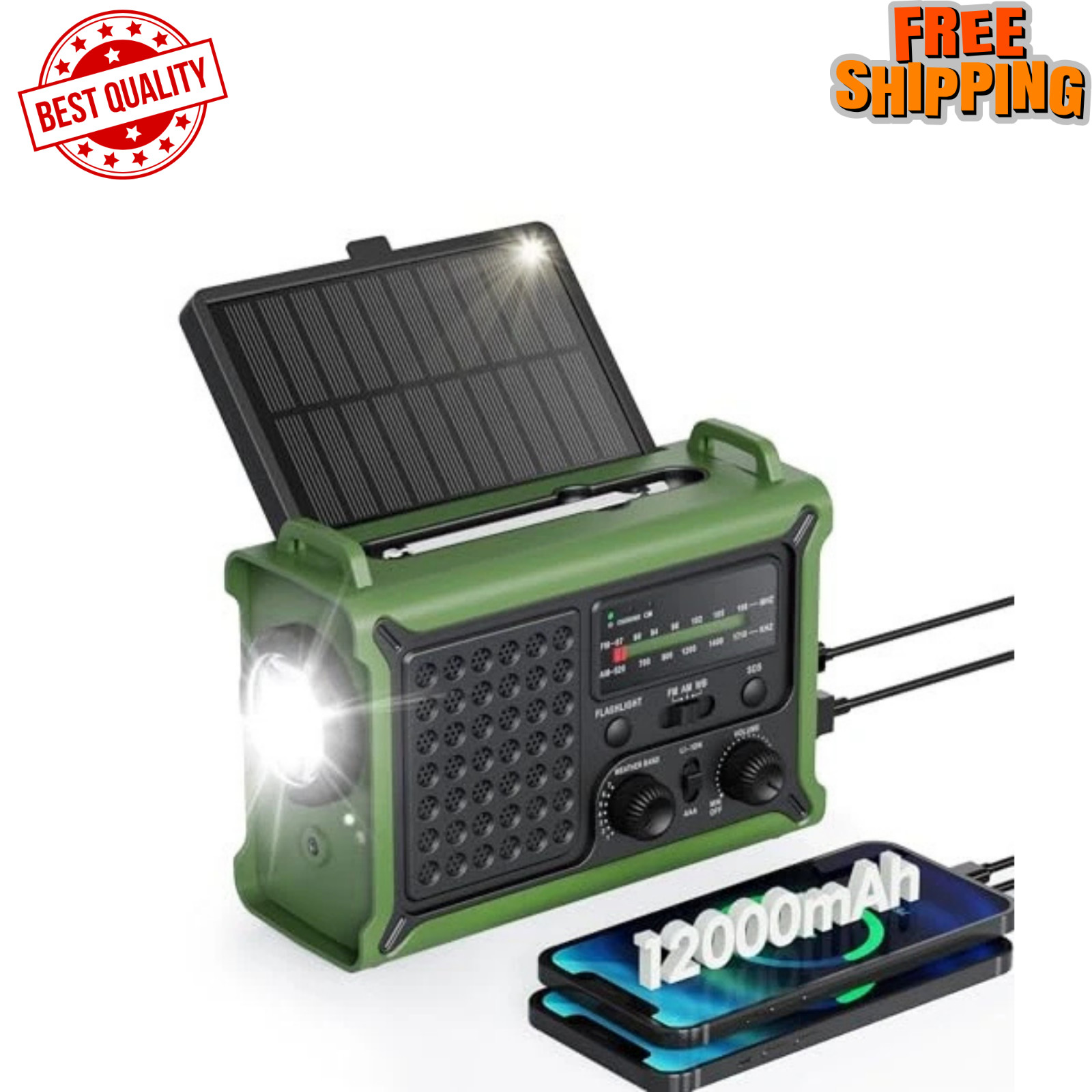 Emergency Weather Radio with Large Solar Panel, Efficient Hand Crank Army Green
