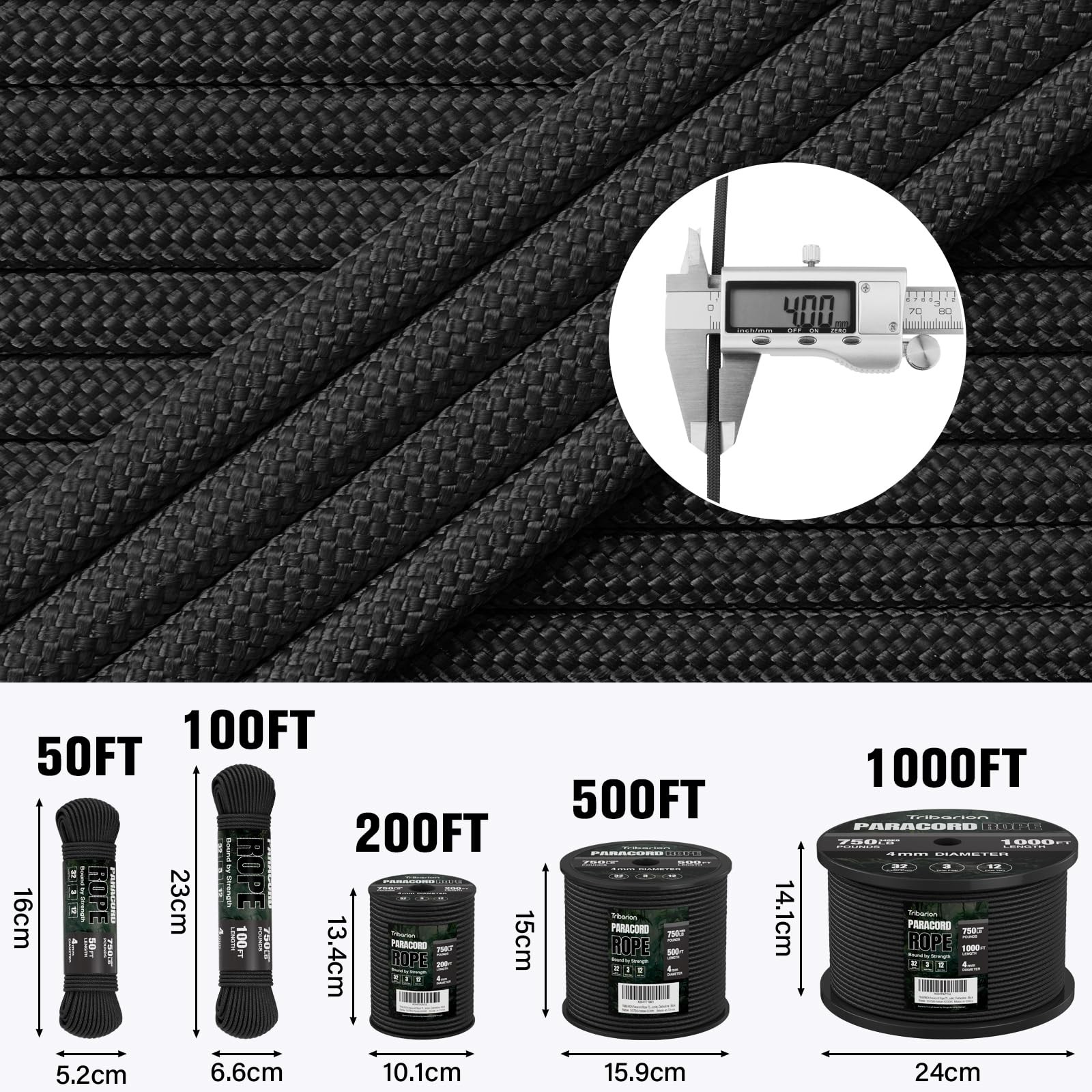 TRIBERION Paracord Rope 750 lb – 1000ft / 500ft / 200ft / 100ft 100ft, Black