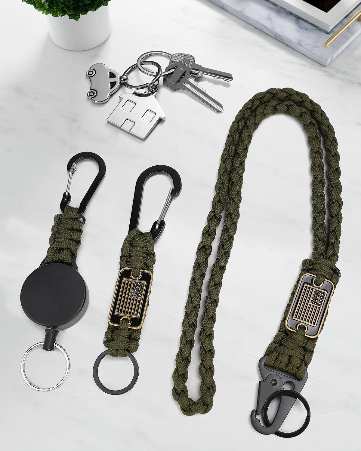 3Pc Paracord Lanyard Set Retractable Keychain Badge Reel Metal Clip
