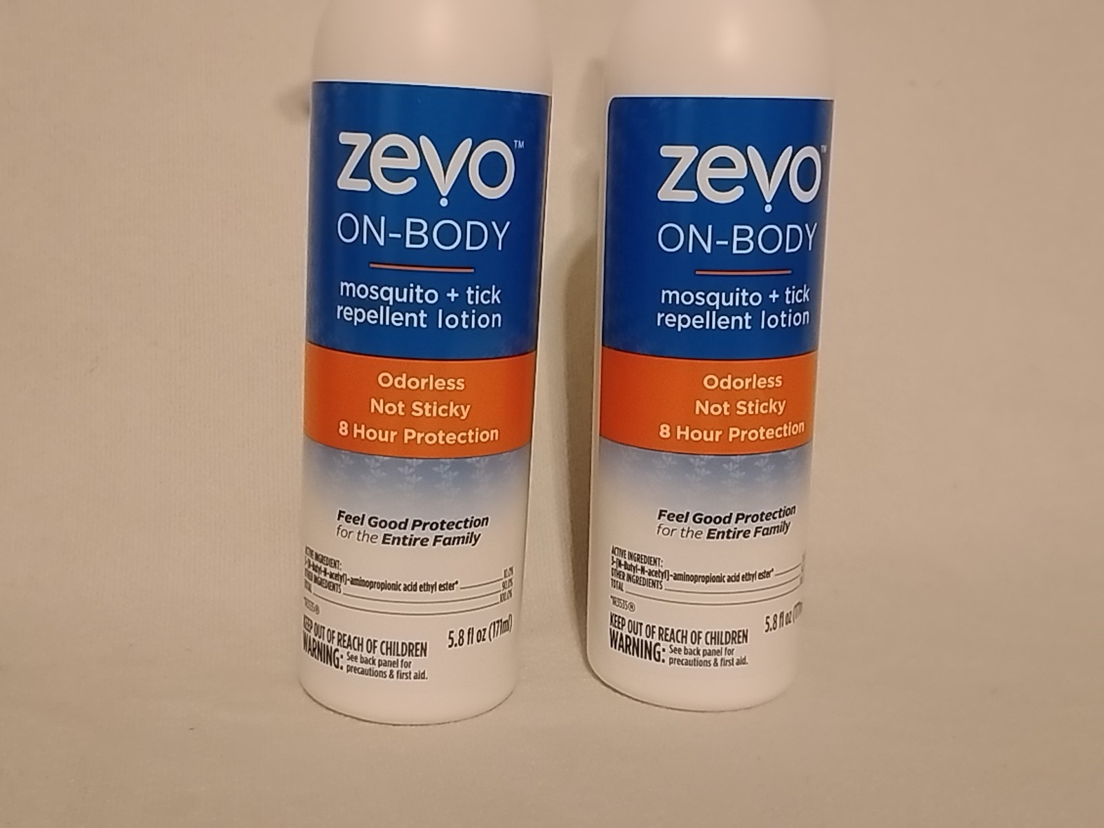 2 Pack Zevo On-Body Mosquito+Tick Repellent Lotion Non Sticky Odorless 8hr. Pro