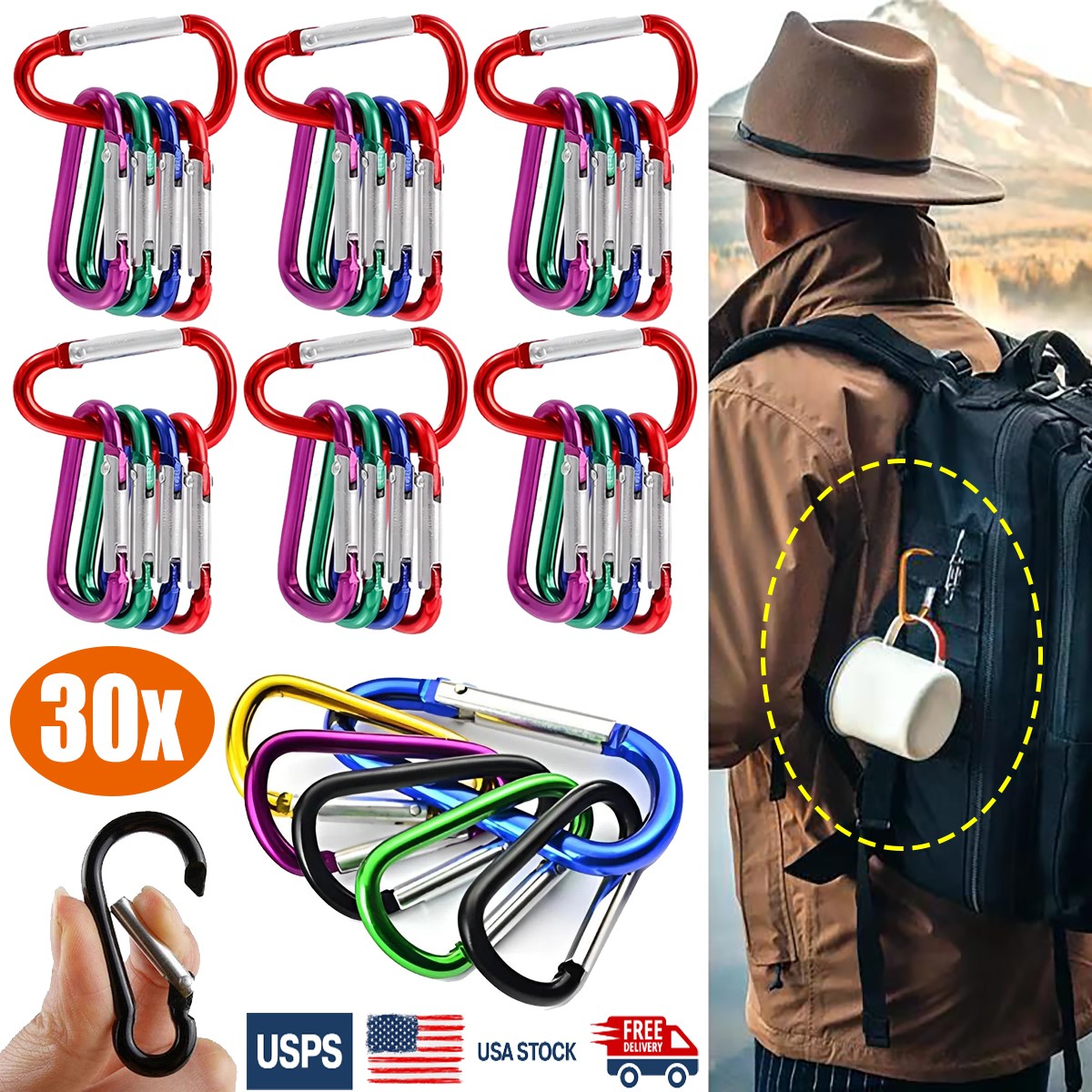 10-30x Aluminum Ring Carabiners Clip Spring Loaded Gate Keychain Carabiner Clip