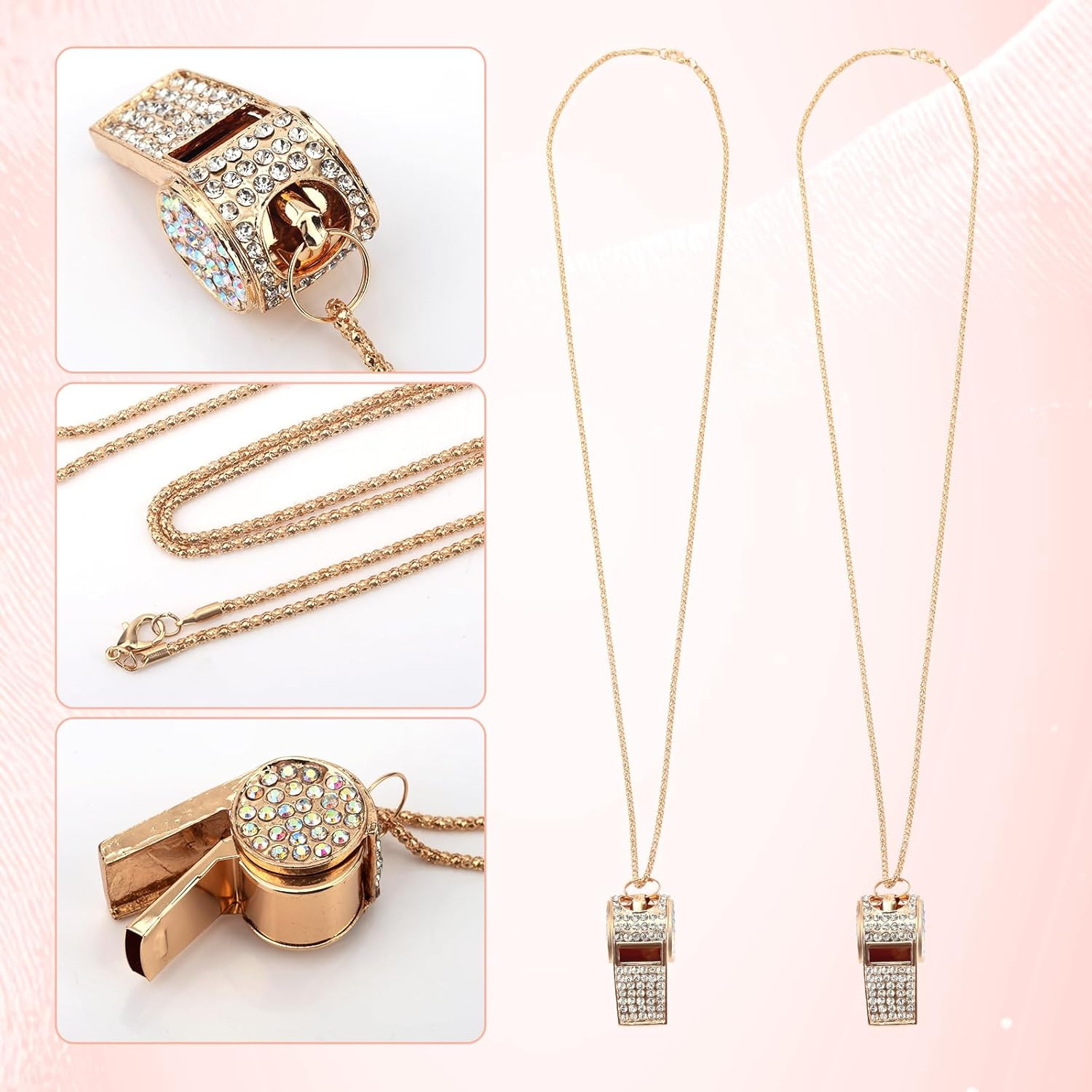 2Pcs Bling Whistle Necklace Crystal Rhinestone Loud Metal Whistle with Chain