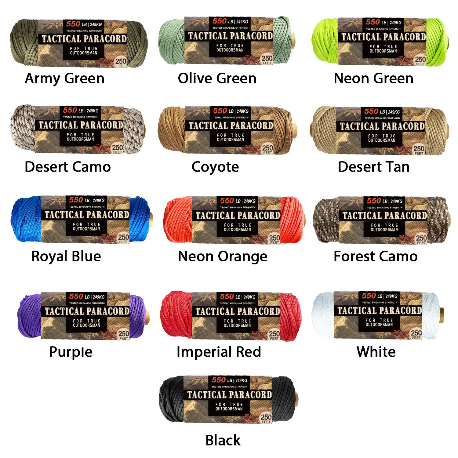HERCULES 250ft Type III Paracord 550 Paracord lot Rope Parachute Cord Reflective